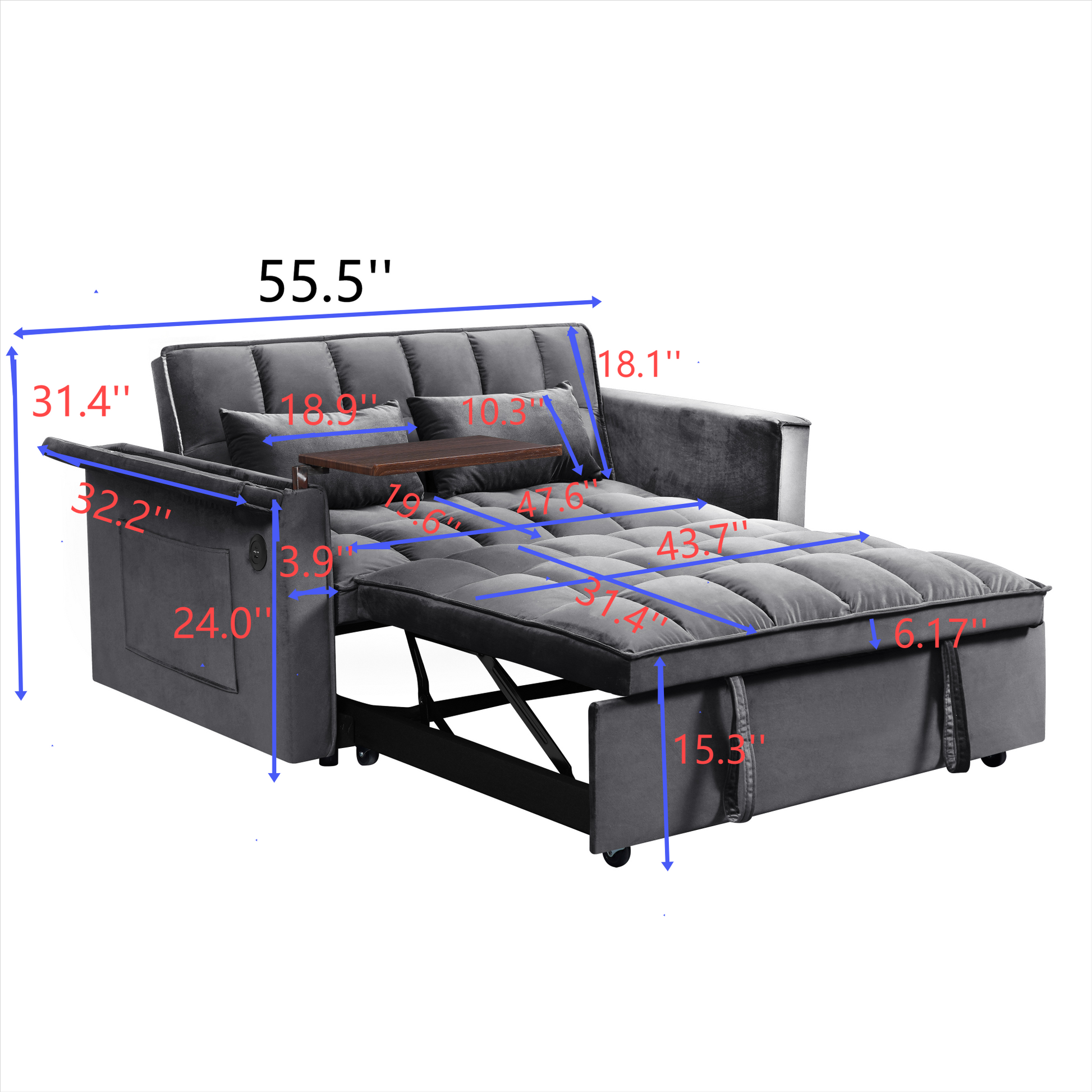 55.5 "3 In 1 Foldable Sofa Bed, Modern Velvet Double Sofa, Sofa Bed With Adjustable Back, Storage Bag And Pillow, Hidden Living Room Laptop Desk With Usb Port, Suitable For Living Room, Bedr Dark