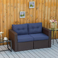 Outsunny 2 Piece Patio Wicker Corner Sofa Set, Outdoor Pe Rattan Furniture, With Curved Armrests And Padded Cushions For Balcony, Garden, Or Lawn, Lawn, Dark Blue Blue Rattan Metal