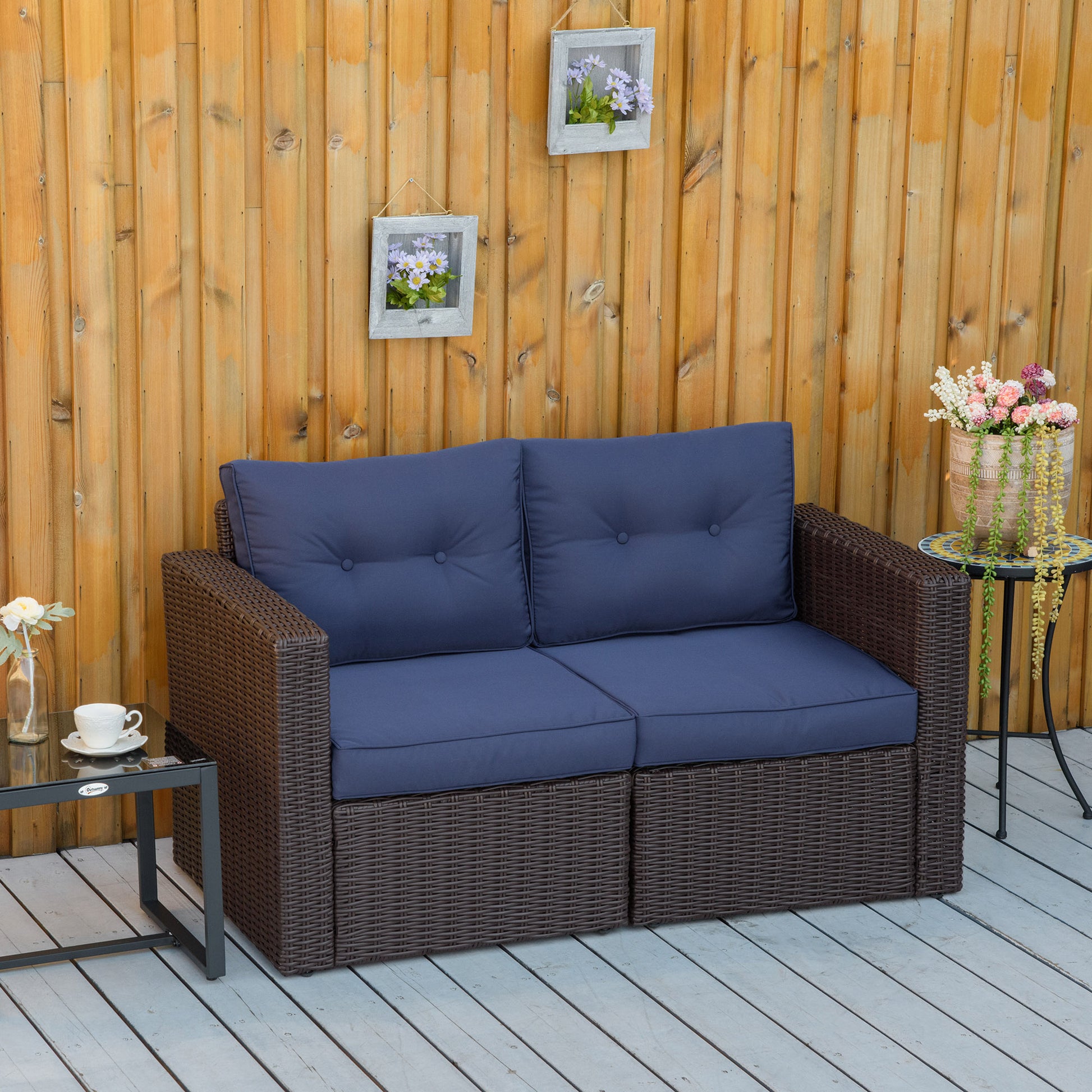 Outsunny 2 Piece Patio Wicker Corner Sofa Set, Outdoor Pe Rattan Furniture, With Curved Armrests And Padded Cushions For Balcony, Garden, Or Lawn, Lawn, Dark Blue Blue Rattan Metal