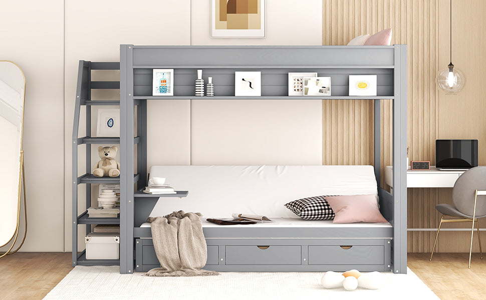 Wood Full Size Convertible Bunk Bed With Storage Staircase, Bedside Table, And 3 Drawers, Gray Gray Solid Wood Mdf