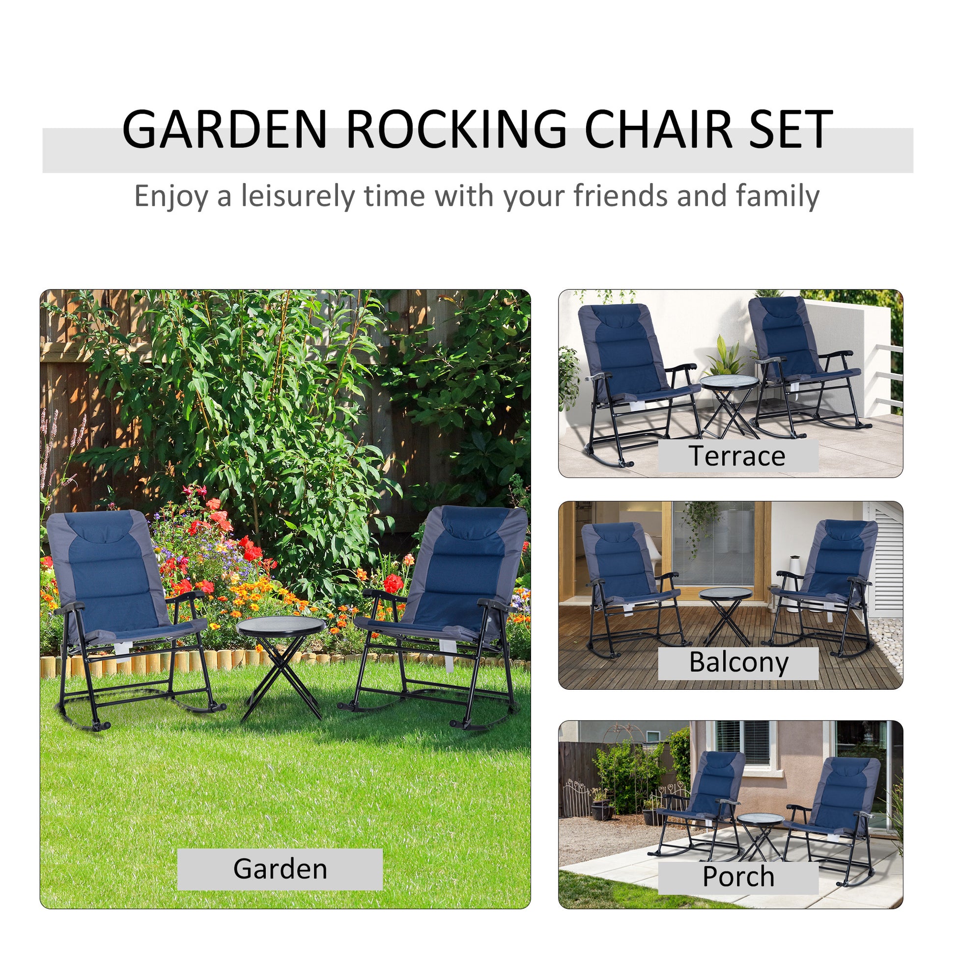 Outsunny 3 Piece Outdoor Patio Furniture Set With Glass Coffee Table & 2 Folding Padded Rocking Chairs, Bistro Style For Porch, Camping, Balcony, Navy Blue Blue Oxford Fabric