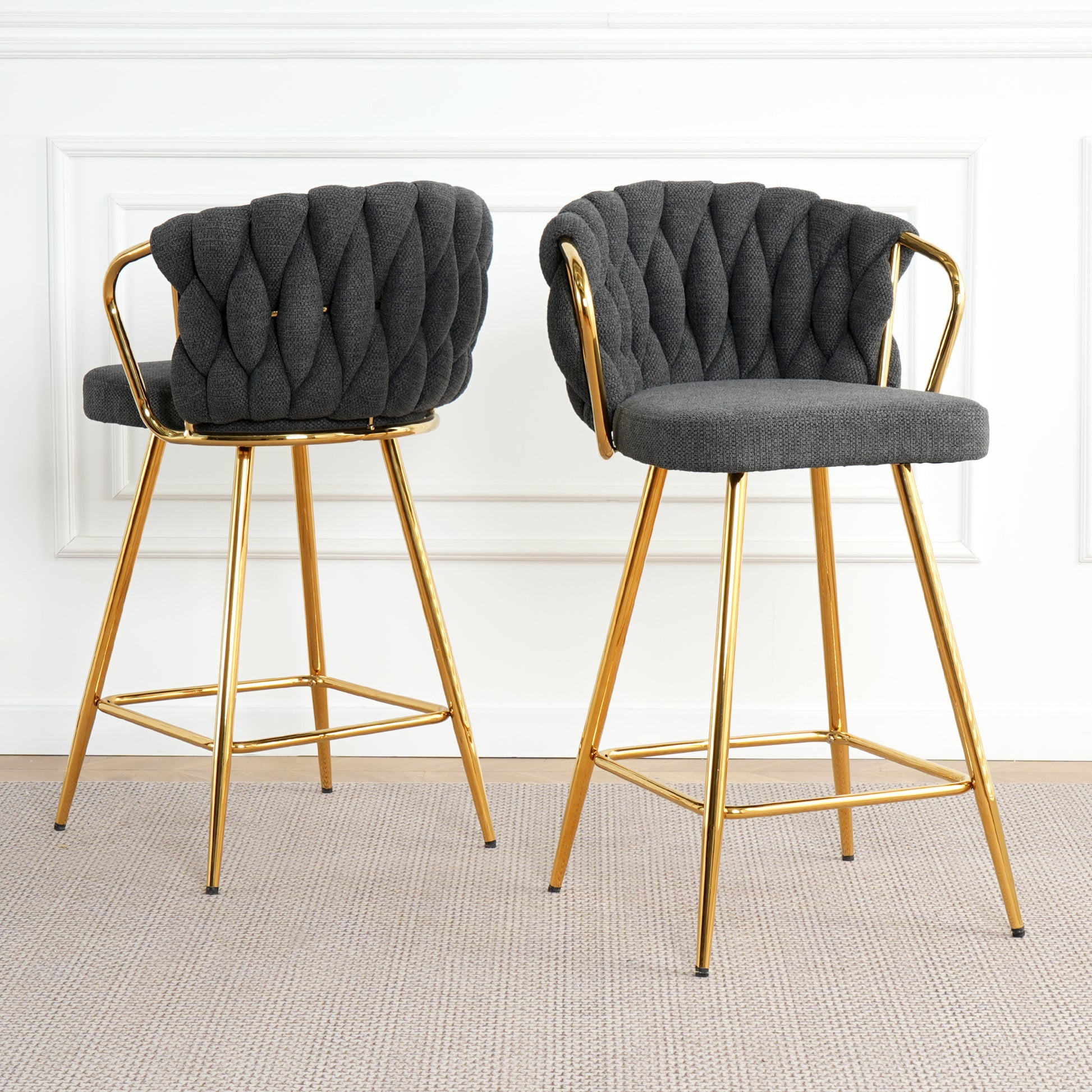 Stylish Dark Grey Cotton And Linen Design, Gold Plated Metal Legs, Round Tempered Glass Countertop, Bar Chair Cover, Suitable For Bar, Restaurant, Bedroom Bar Chair, Set Of 3 Metal Dark Gray Seats 2