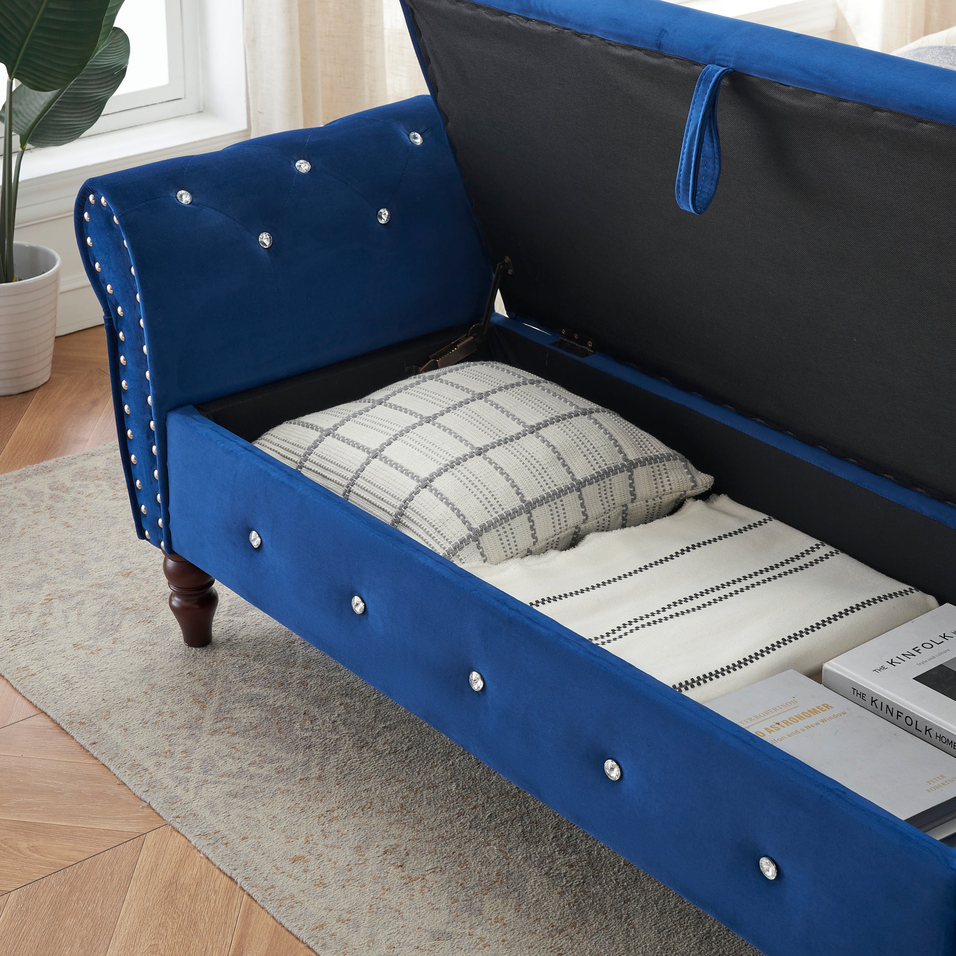 63.38"Velvet Multifunctional Storage Rectangular Ottoman Bench Comes With Crystal Buckle Solid Wood Legs With 1 Pillow,Blue Blue Velvet