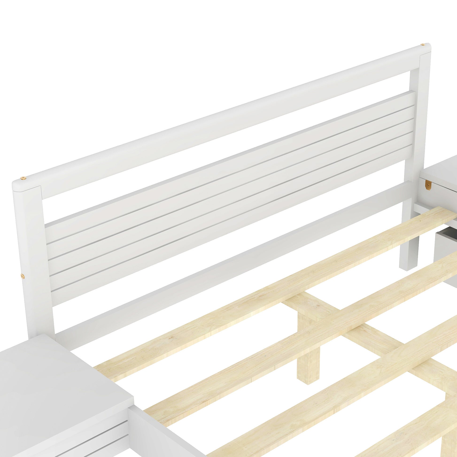 Queen Size Wooden Platform Bed With 2 Storage Drawers And 2 Bedside Tables, White Queen White Pine