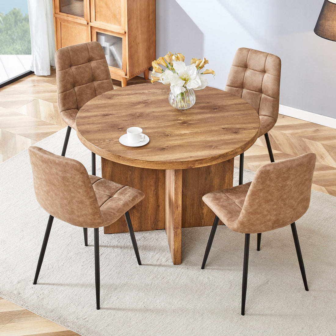 5 Piece Round Dining Table Set, Modern Round Table And 4 Upholstered Chairs For Dining Room, Kitchen Room, Living Room, Easy Assembly Metal Brown Black Dining Room 42 Inches Farmhouse,Mid Century Modern,Modern Round Round Mdf Dining Table With Chair Mdf