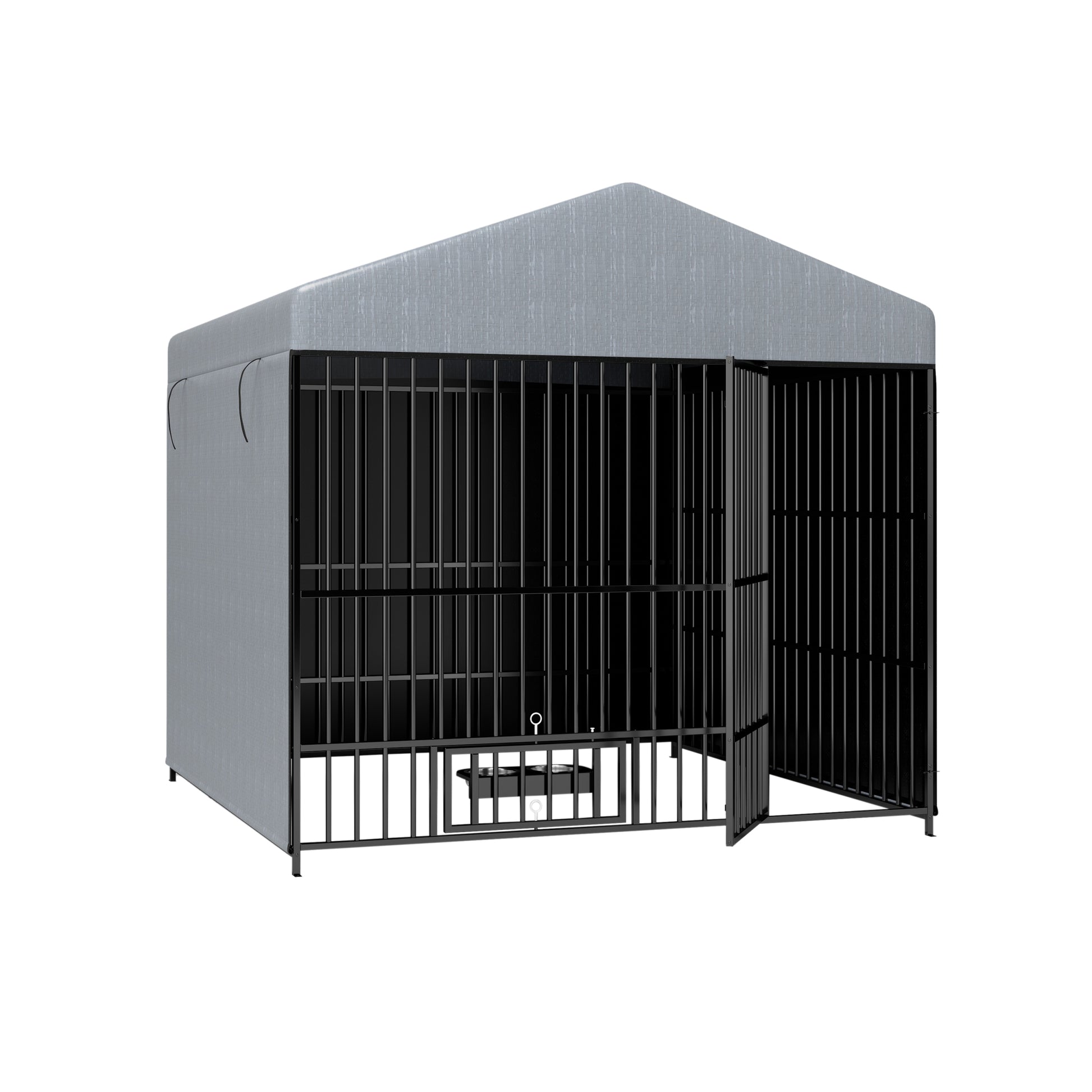 Large Dog Kennel Outdoor Pet Pens Dogs Run Enclosure Animal Hutch Metal Coop Fence With Roof Cover 6.6'L X 6.6'W X 6.4'H Black Gray Outdoor Kennel Modern,Sporty Xxl 91 Lbs Iron