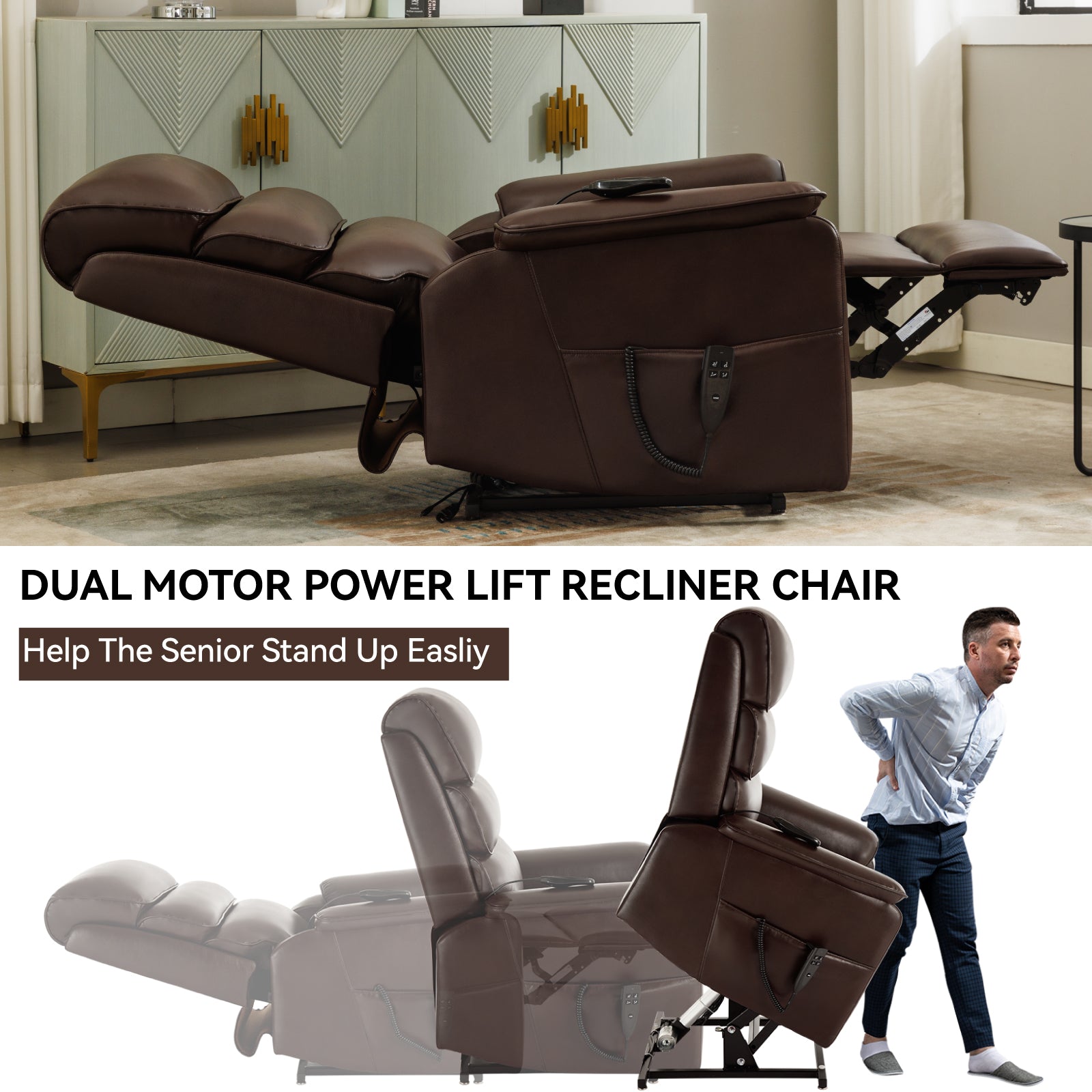 Brown Leatheraire Dual Motor Infinite Position Up To 350 Lbs Power Lift Recliner Chair With Power Remote, Heat Massage And Heavy Duty Motion Mechanism White Metal Primary Living Space Heavy Duty