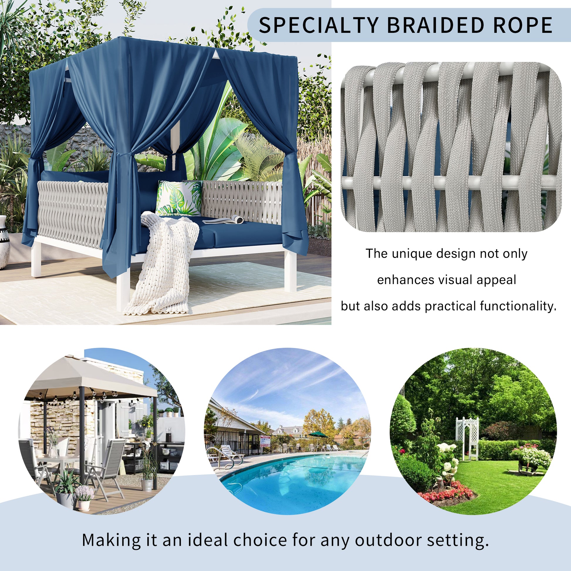 Outdoor Patio Sunbed With Curtains, High Comfort, Suitable For Multiple Scenarios Blue Woven Rope