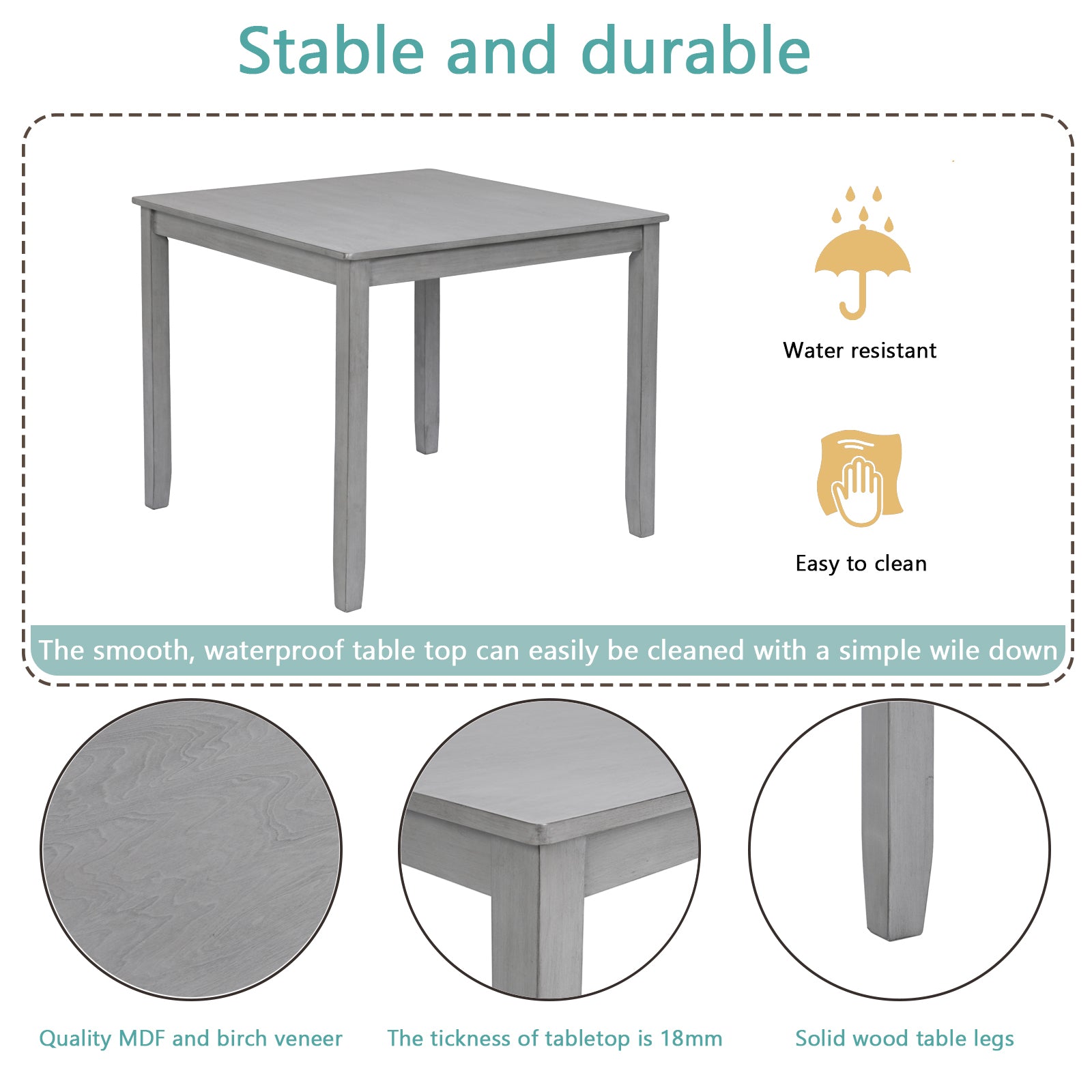 5 Piece Modern Dining Set, Square Wooden Dining Table With 4 Upholstered Chairs For Kitchen, Dining Room, Gray Wood Gray Seats 4 Gray Wood Dining Room Acacia 4 Leg Square Dining Table With Chair Acacia Wood
