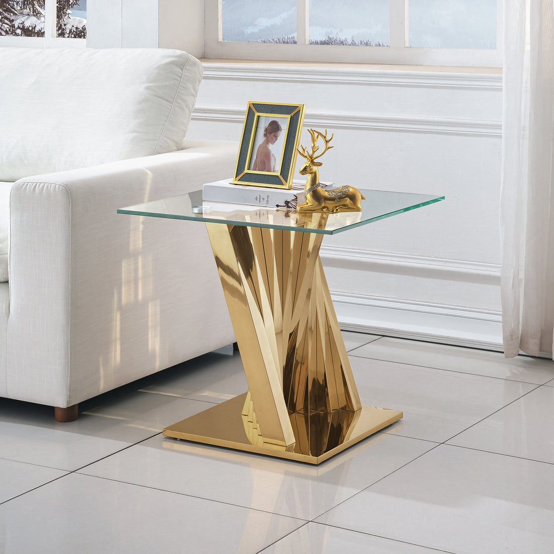 Tempered Glass Top End Table With Gold Mirror Finish Stainless Steel Base Gold Tempered Glass