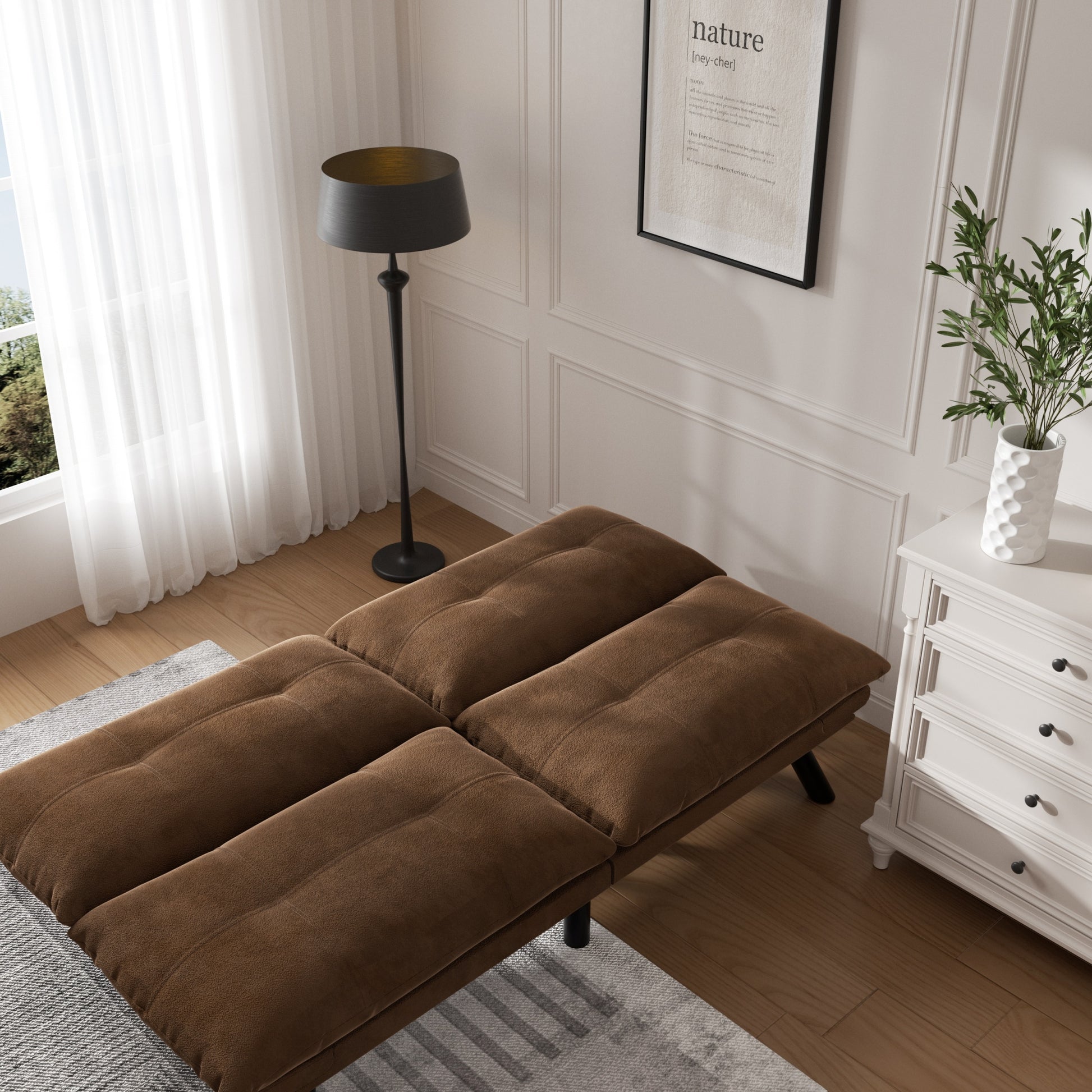Leatehr Feeling Brown Convertible Folding Modern Sofa Bed White Wood Primary Living Space Light Duty Pine 2 Seat Brown Microfiber Medium Firm Pillow Back Modern Pillow Top Arms Foam Upholstered