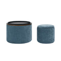 2 Piece Set Round Chenille Storage Ottoman, Equipped With A Drum Shaped Small Stool, Storage Space, And Mdf Made Desktop Panel Dark Blue23.62