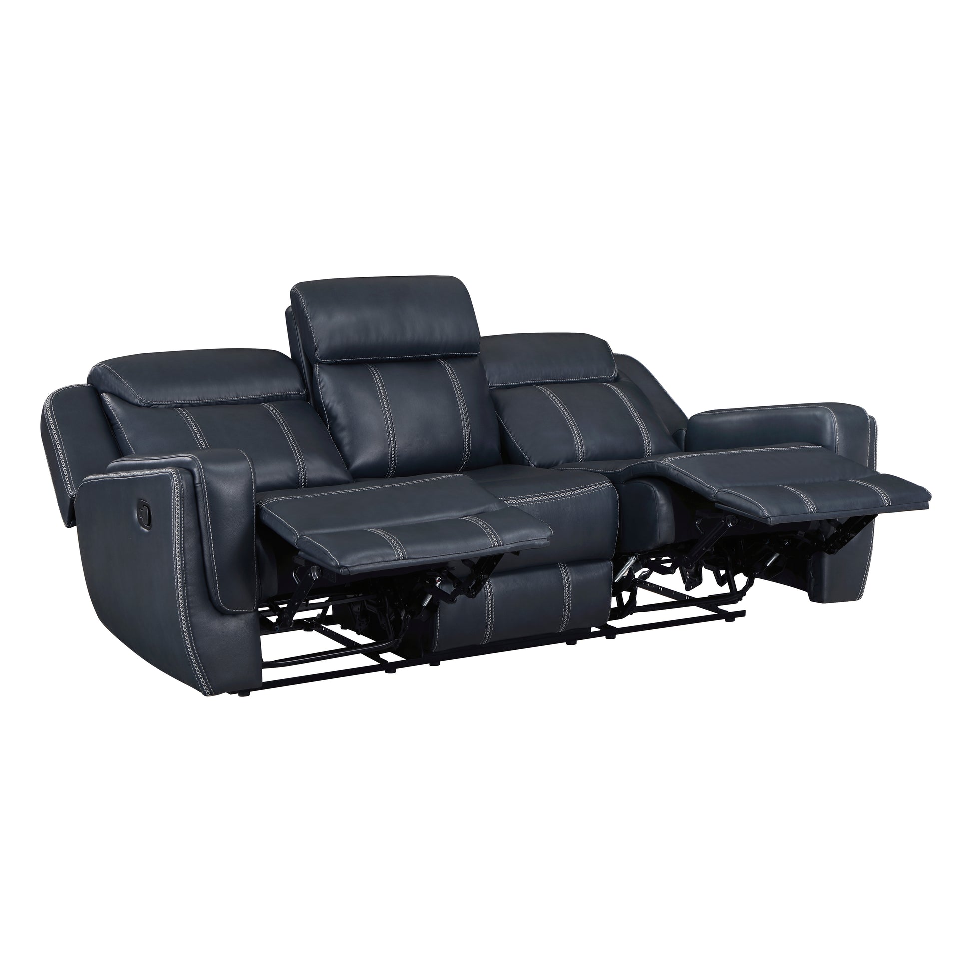 Modern Blue Dual Reclining Sofa With Center Drop Down Cup Holders,Faux Leather Upholstery, Usb Ports Living Room Furniture 1Pc Blue Faux Leather Wood Primary Living Space Modern Plywood,Solid Wood 3 Seat