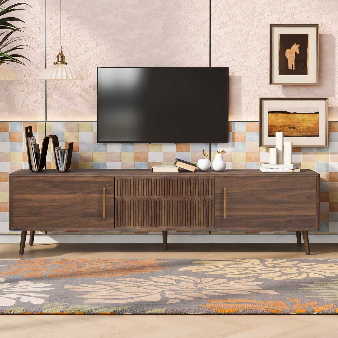 Mid Century Tv Stand With 2 Drawers, Media Console Table For Tvs Up To 80'', Entertainment Center With Storage For Living Room, Bedroom, Home Theatre Walnut Primary Living Space 70 79 Inches 70 79