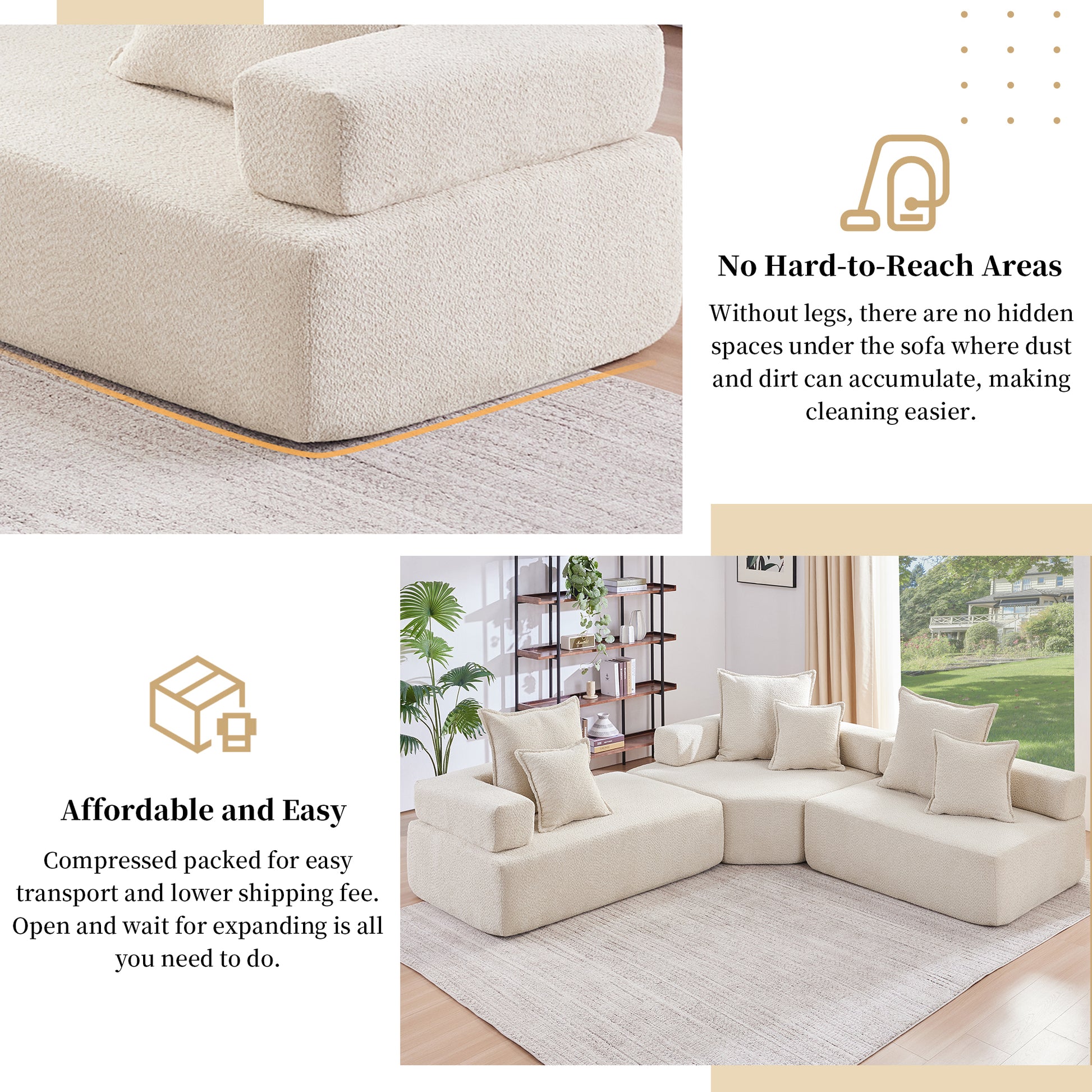 Oversized Modular L Shaped Sectional Sofa,Luxury Boucle Floor Couch Set,Convertible Sleeper Couch,Spacious Foam Filled Sofa Bed For Living Room,3 Pc Free Combination,2 Colors Beige Boucle 5 Seat