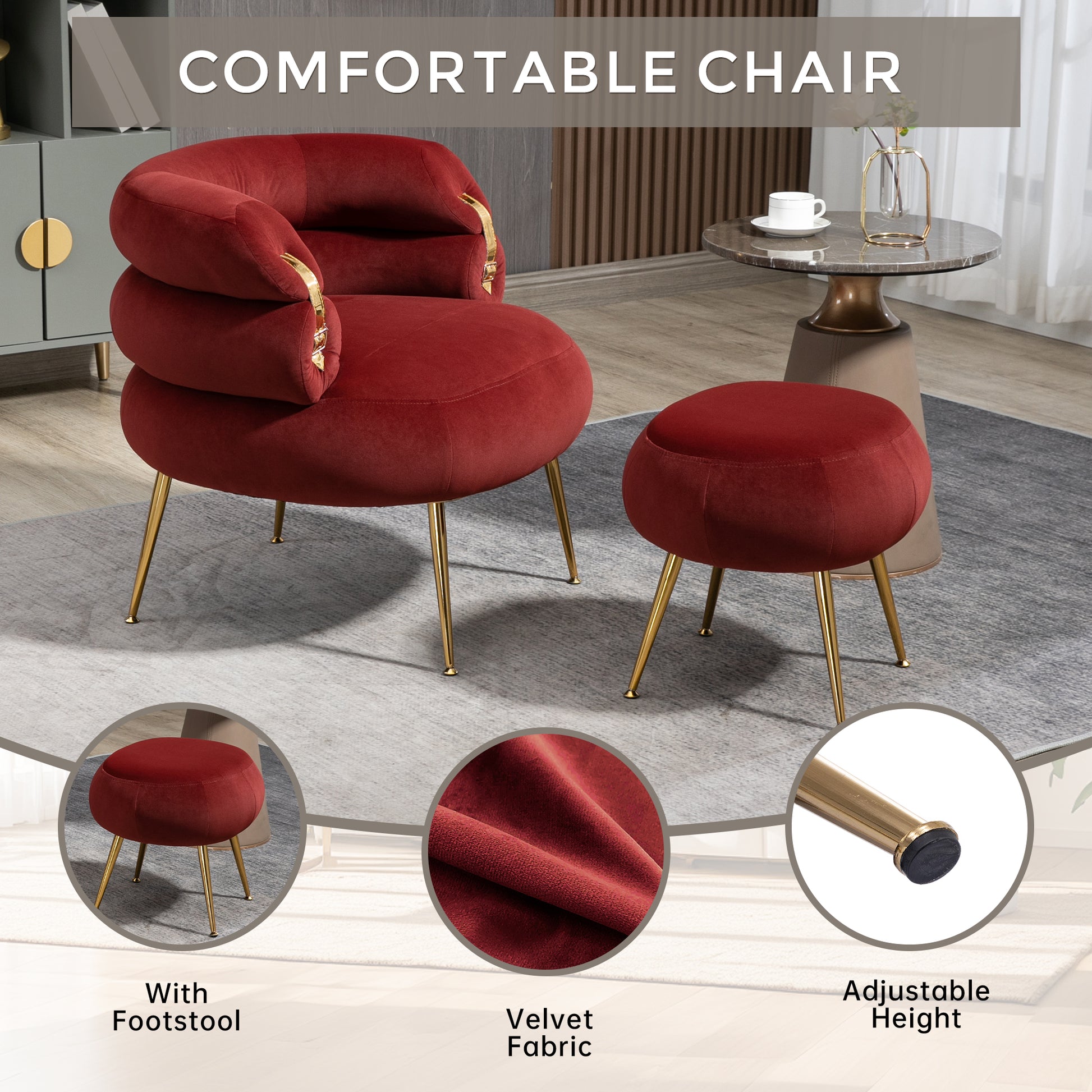 Coolmore Upholstered Velvet Barrel Accent Chair With Ottoman,Accent Comfy Lounge Arm Chair And Footrest Stool Set,Single Sofa Armchair With Lounge Seat For Bedroom,Office Wine Red Wine Red Foam Velvet