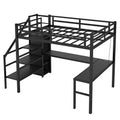 Full Size Loft Bed With L Shaped Desk And Usb, Metal Loft Bed With Wardrobe And Adjustable Shelf, High Loft Bed With Led For Kids Teens Adults, Black Full Black Metal