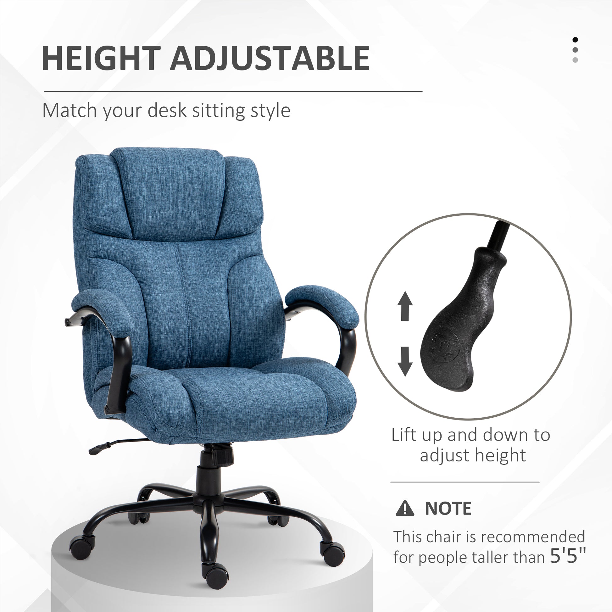 Vinsetto 500Lbs Big And Tall Office Chair With Wide Seat, Executive Computer Chair With Adjustable Height, Swivel Wheels And Linen Finish, Blue Blue Linen