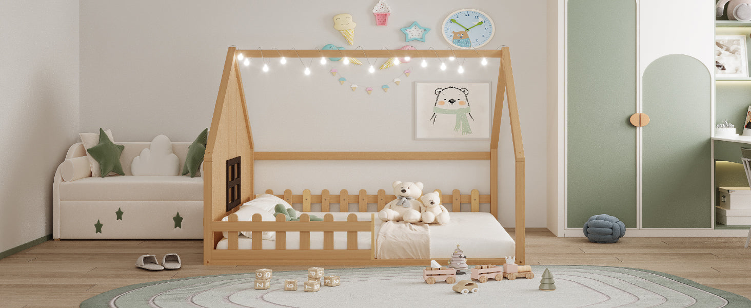 Full Size Wood House Bed With Window And Fence, Natural Old Sku: Wf304147Aa Box Spring Not Required Full Natural Wood Bedroom Pine Bed Frame Solid Wood Mdf