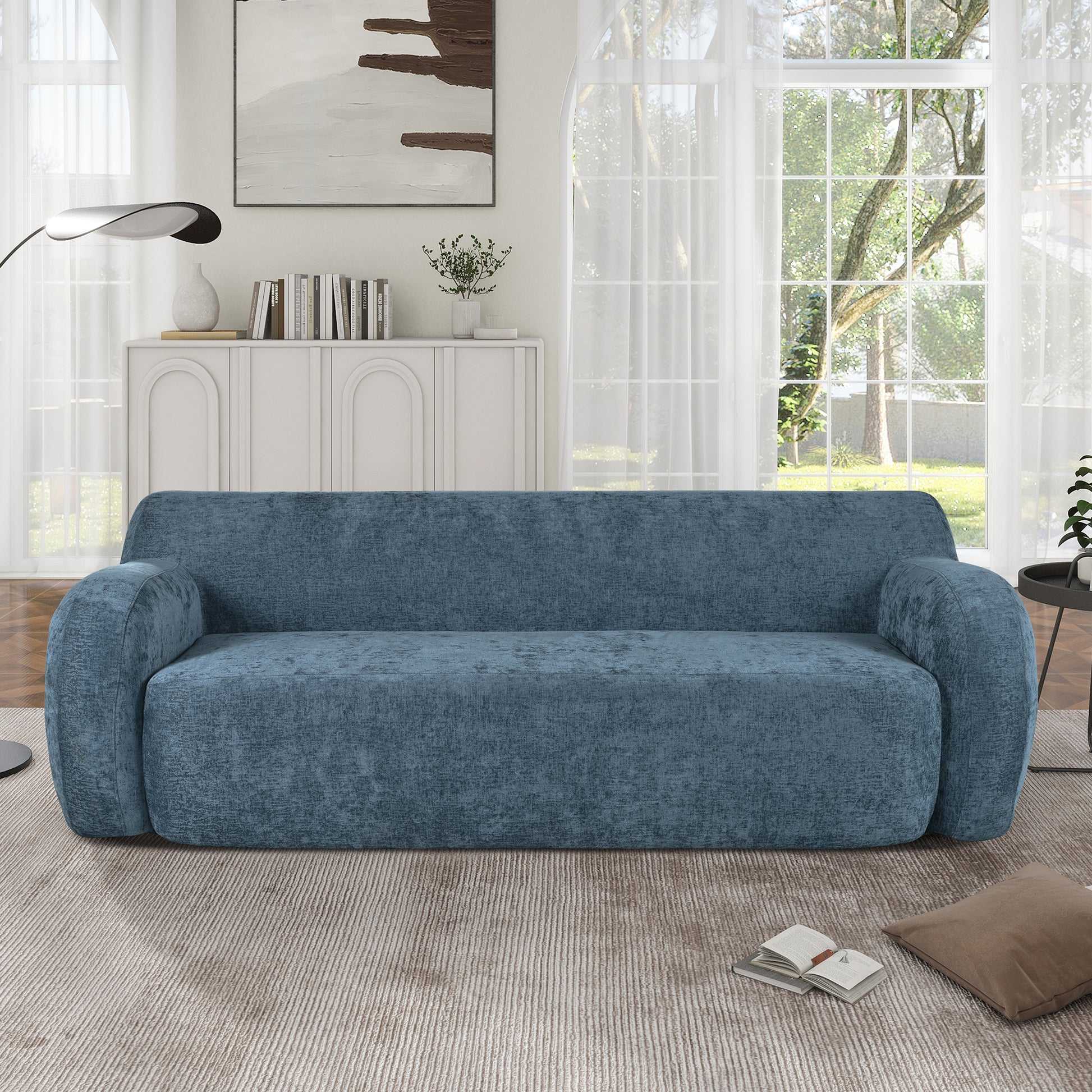 81.5" Minimalist Compression Sofa, Curved Design, 3 Seater Casual Sofa For Living Rooms, Bedrooms, And Apartments Dark Blue Polyester 3 Seat