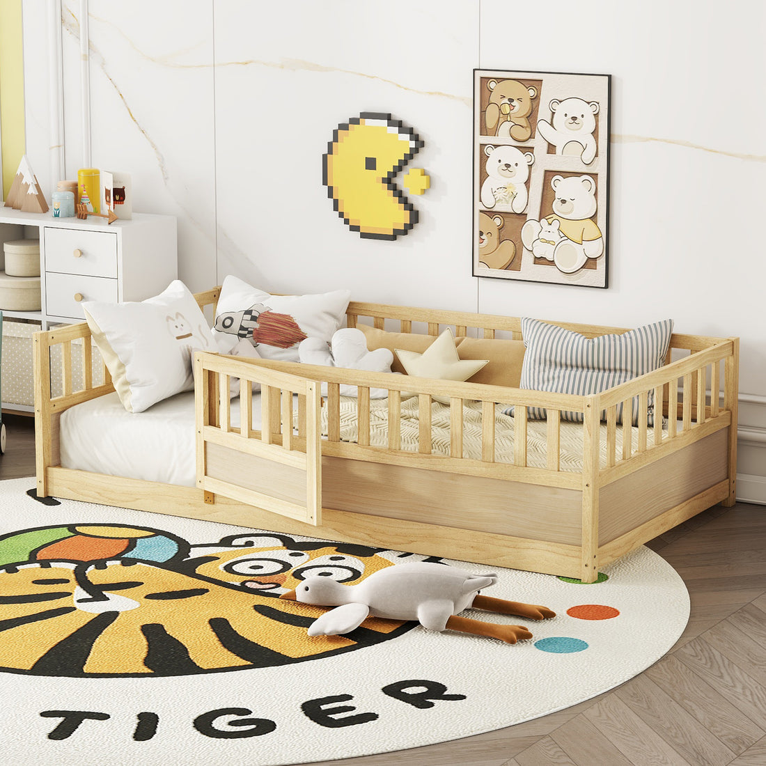 Twin Size Floor Bed, Integral Construction With Super High Security Barrier, Door, Children'S Floor Bed Frame, Montessori Wooden Children'S Floor Bed, Support Slat Natural Wood Box Spring Required