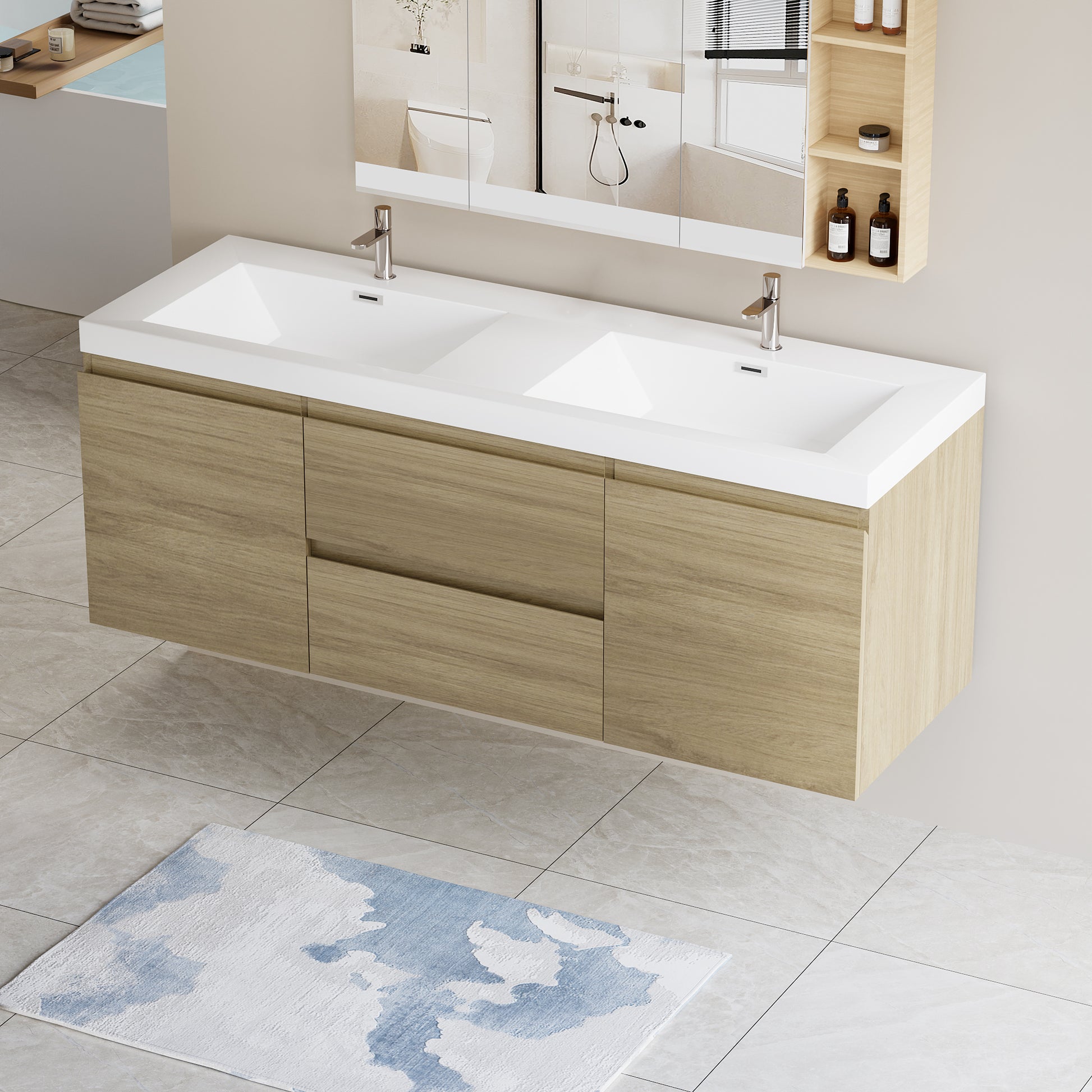 60" Floating Bathroom Vanity With Sink, Modern Wall Mounted Bathroom Storage Vanity Cabinet With Double Resin Top Basins And Soft Close Drawers, Natural Oak 24V11 60Dno Oak Wood