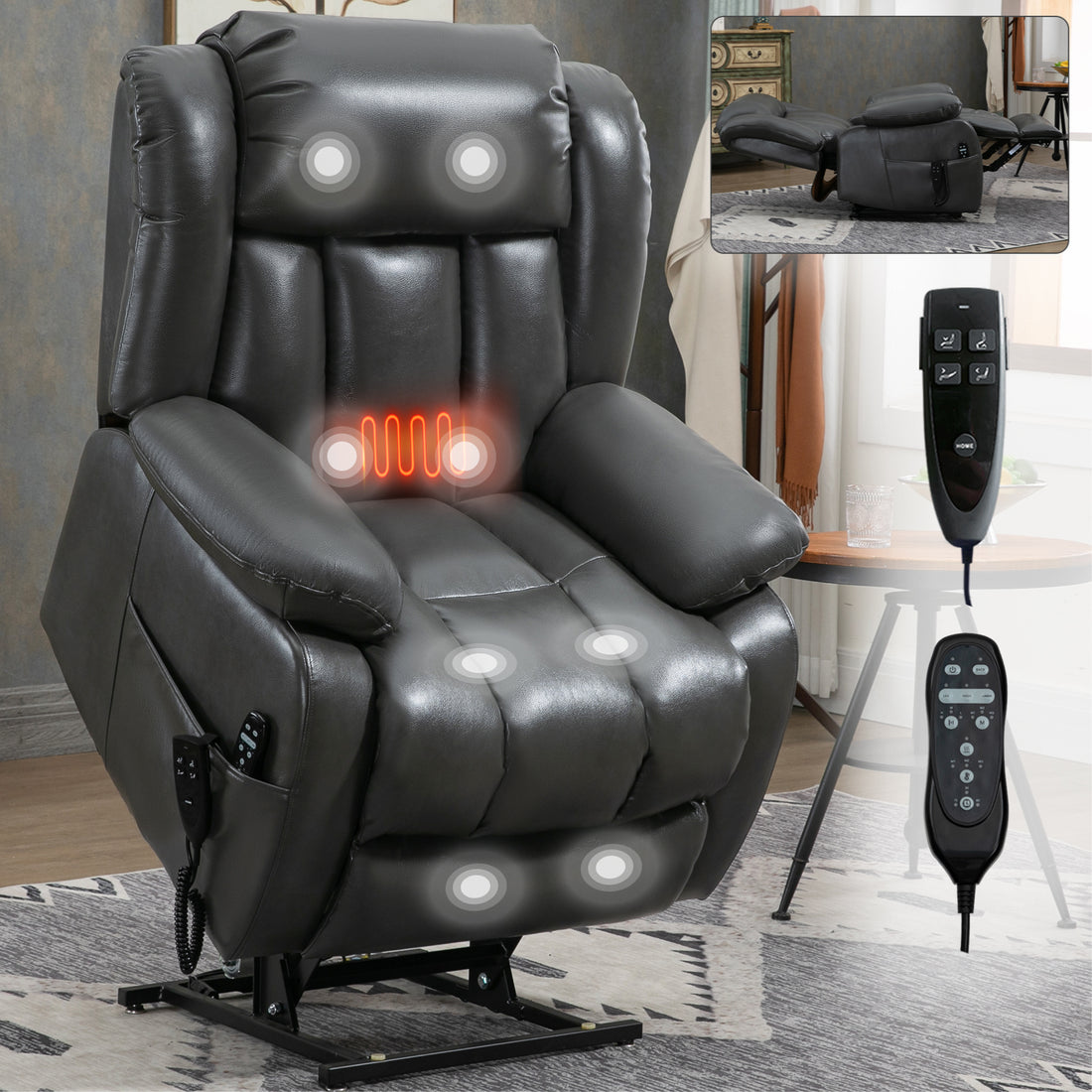 Dual Motor Infinite Position Up To 350 Lbs Electric Medium Size Grey Power Lift Recliner Chair With 8 Point Vibration Massage And Lumbar Heating White Metal Primary Living Space Heavy Duty Pine Antique Gray Faux Leather Power Remote Medium Firm Pillow