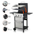 3 Burner Propane Gas Bbq Grill, Ss Plancha, 36900Btu Output With Wire Enamel Cooking Grids For Outdoor Barbecue, Foldable Side Table, Hanging Basket, Stainless Steel Black Silver Garden & Outdoor