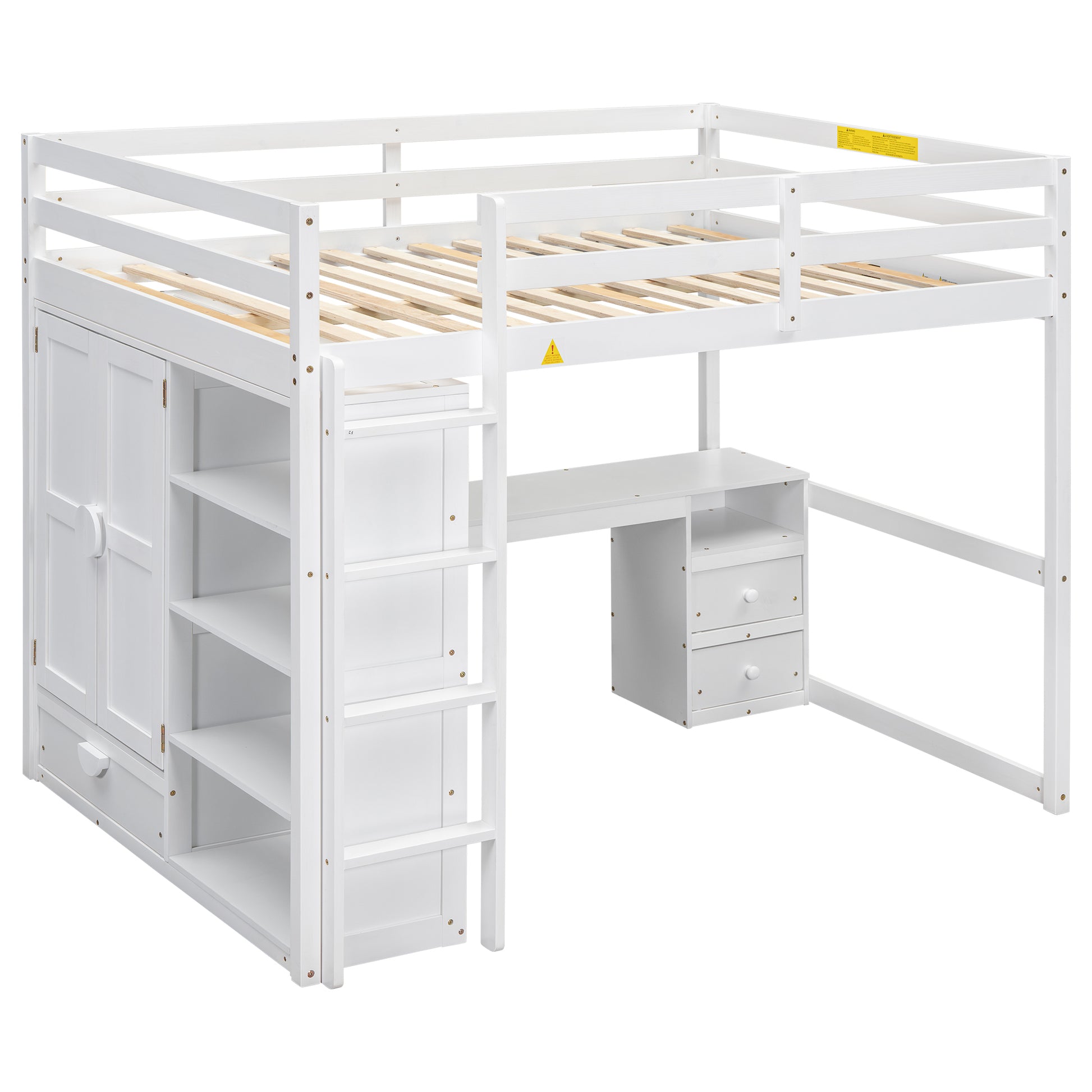 Wood Full Size Loft Bed With Built In Wardrobe, Desk, Storage Shelves And Drawers, White Box Spring Not Required Full White Wood Bedroom Solid Wood Mdf