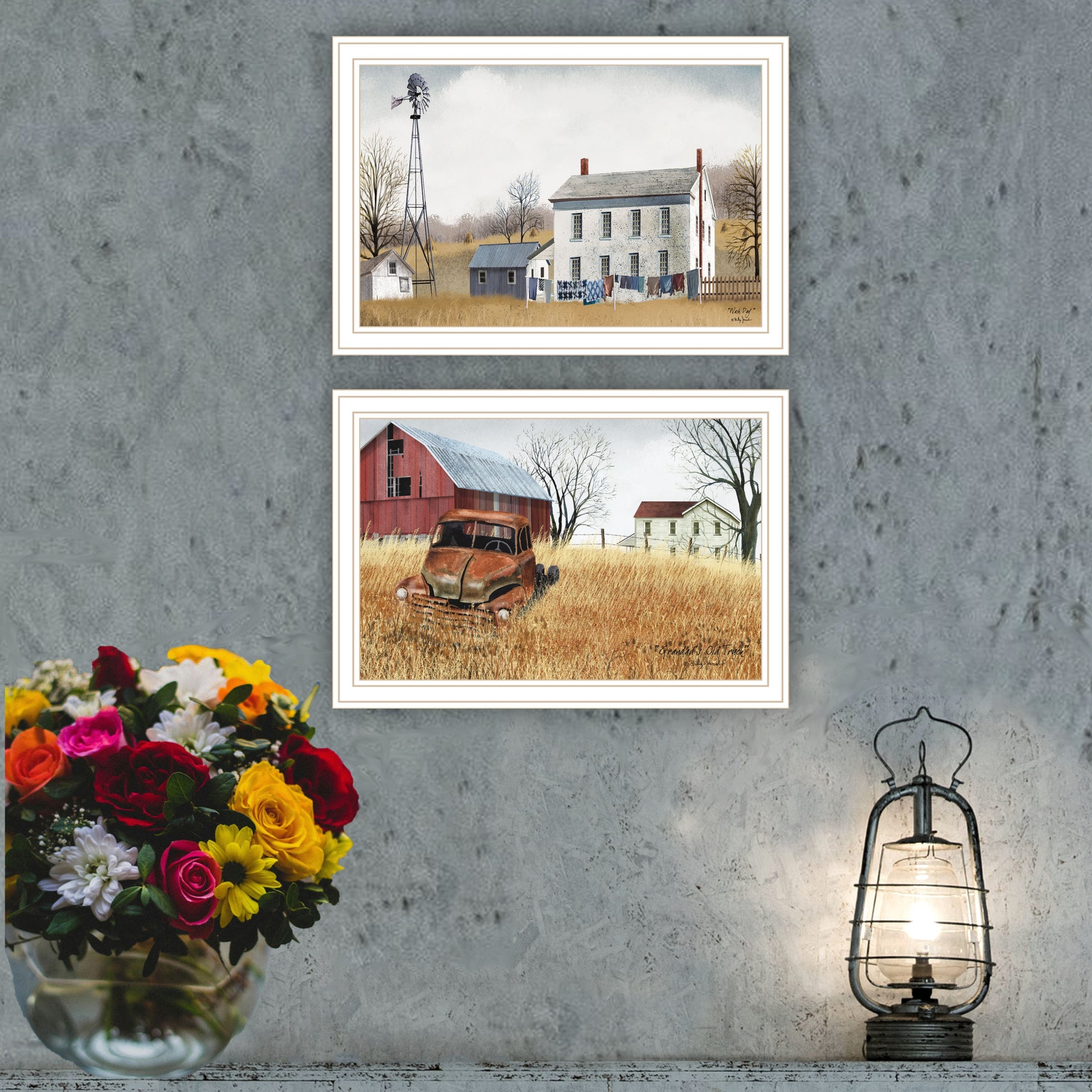 2 Piece Vignette Washday And Granddad'S Old Truck White Framed Wall Art For Living Room, Bedroom Wall Art Print For Home Decor By Billy Jacobs Multicolor Wood Paper