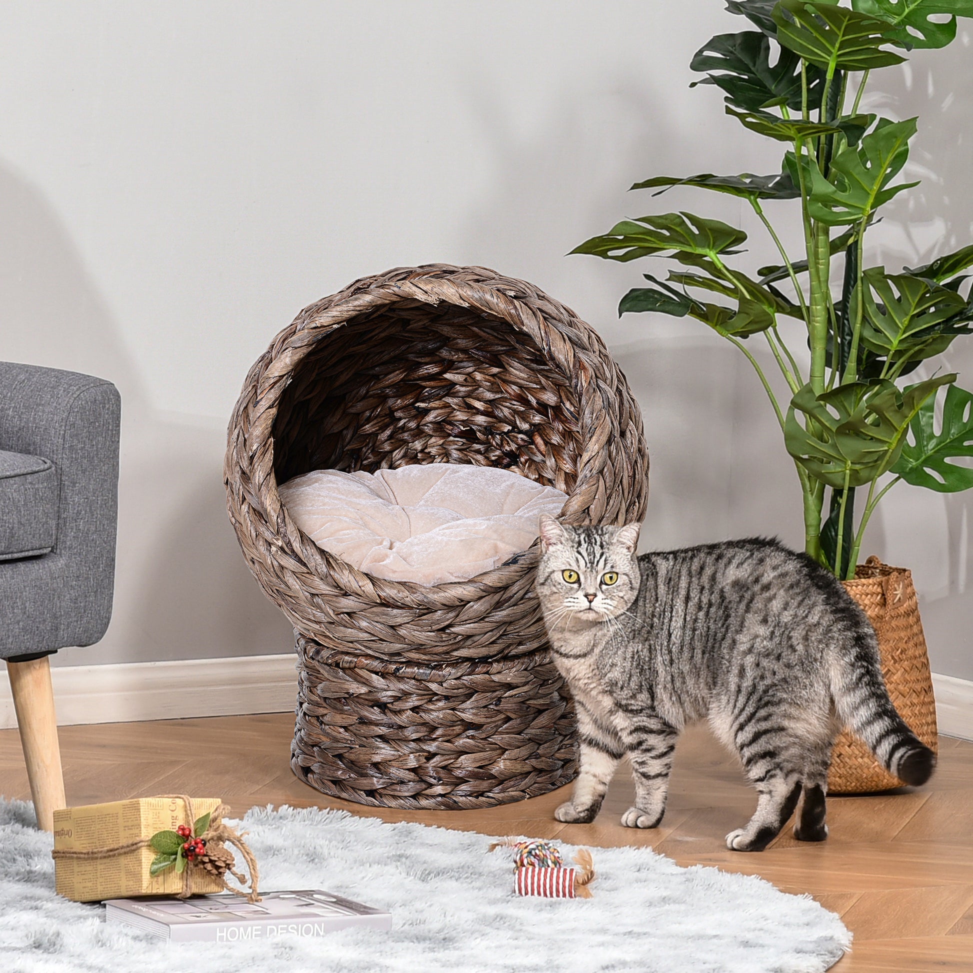 Pawhut Handwoven Elevated Cat Bed With Soft Cushion & Cat Egg Chair Shape, Cat Basket Bed Kitty House With Stand, Raised Wicker Cat Bed For Indoor Cats, 23.5" H, Gray Gray Wicker