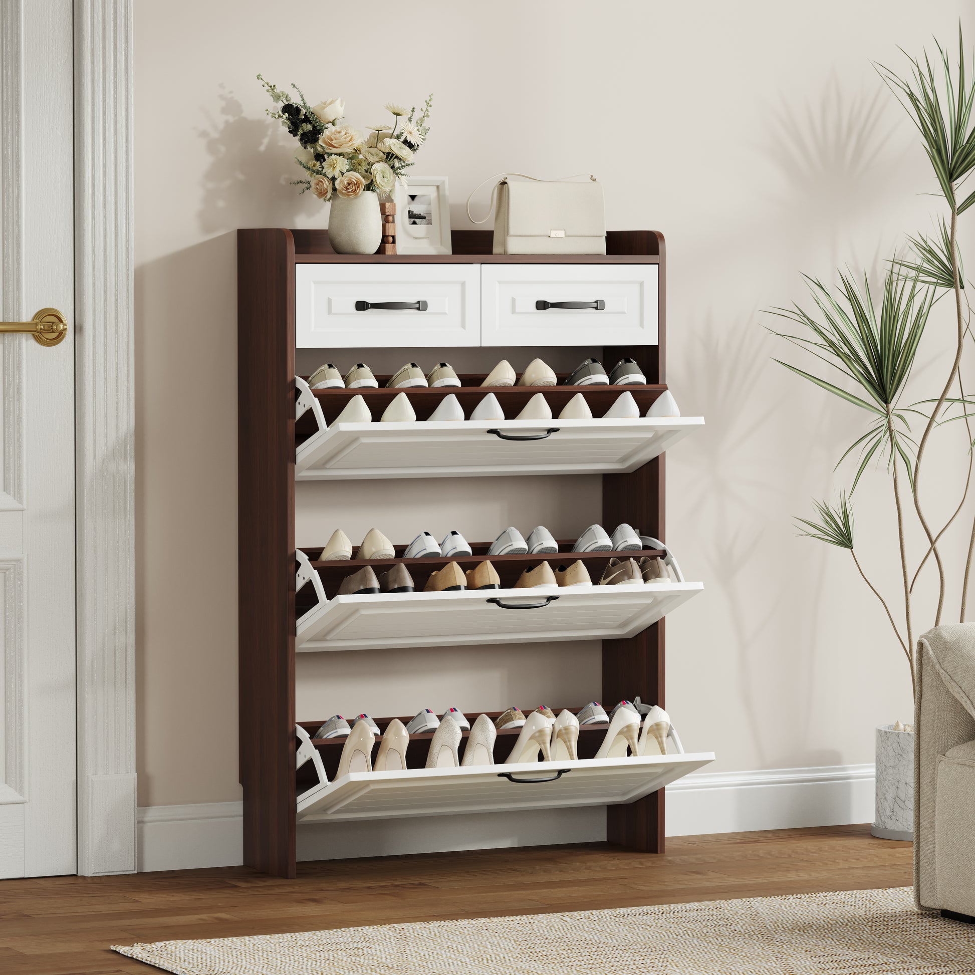 1250 Walnut Colored Shoe Cabinet, 3 Doors And 2 Drawers, Pvc Door Design, Large Storage Space Freestanding Walnut Primary Living Space Adjustable Shelves Classic Wood Particle Board Mdf