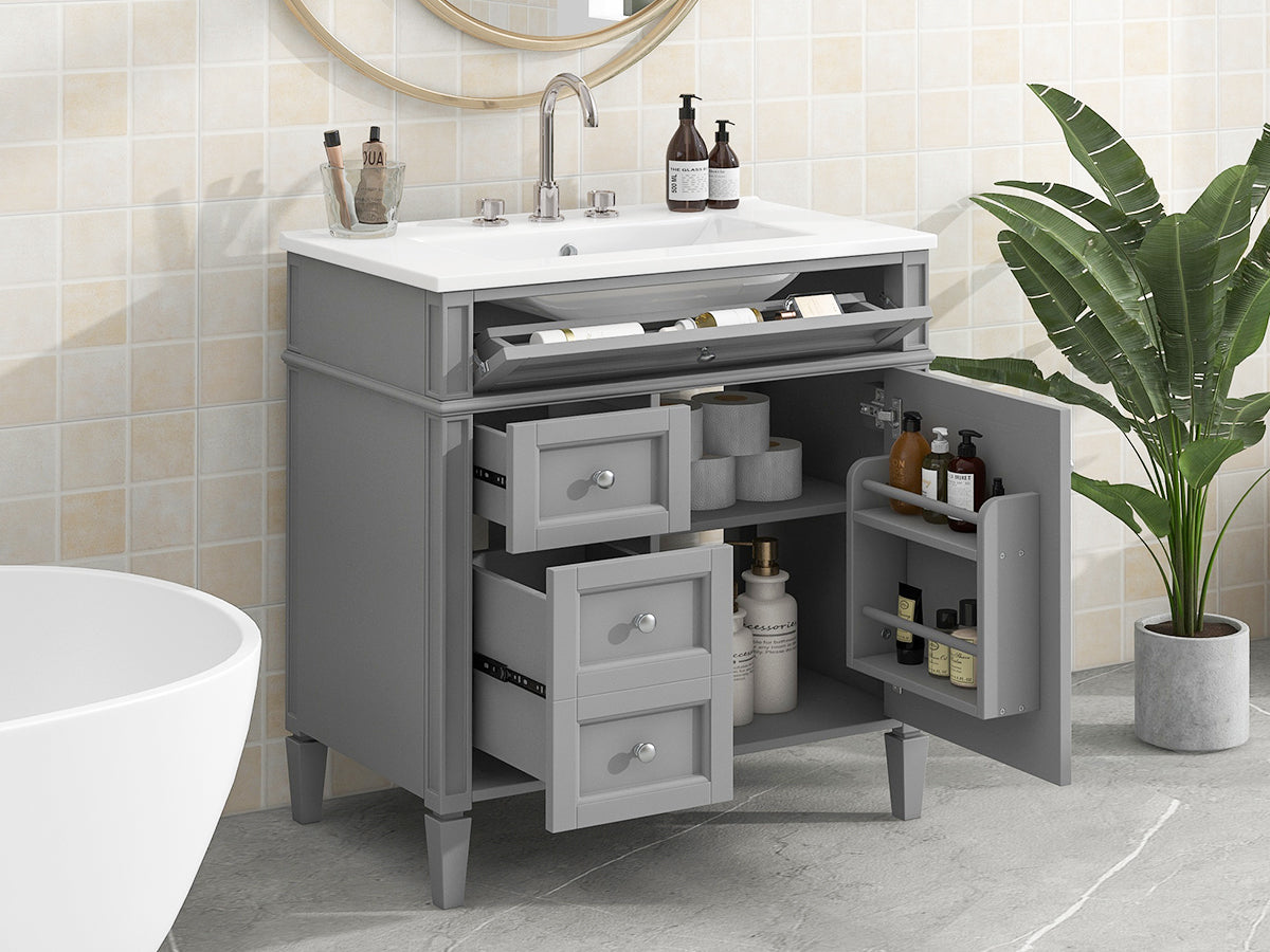 30'' Bathroom Vanity With Top Sink, Modern Bathroom Storage Cabinet With 2 Drawers And A Tip Out Drawer, Single Sink Bathroom Vanity Grey Modern Mdf Ceramic,Solid Wood Mdf