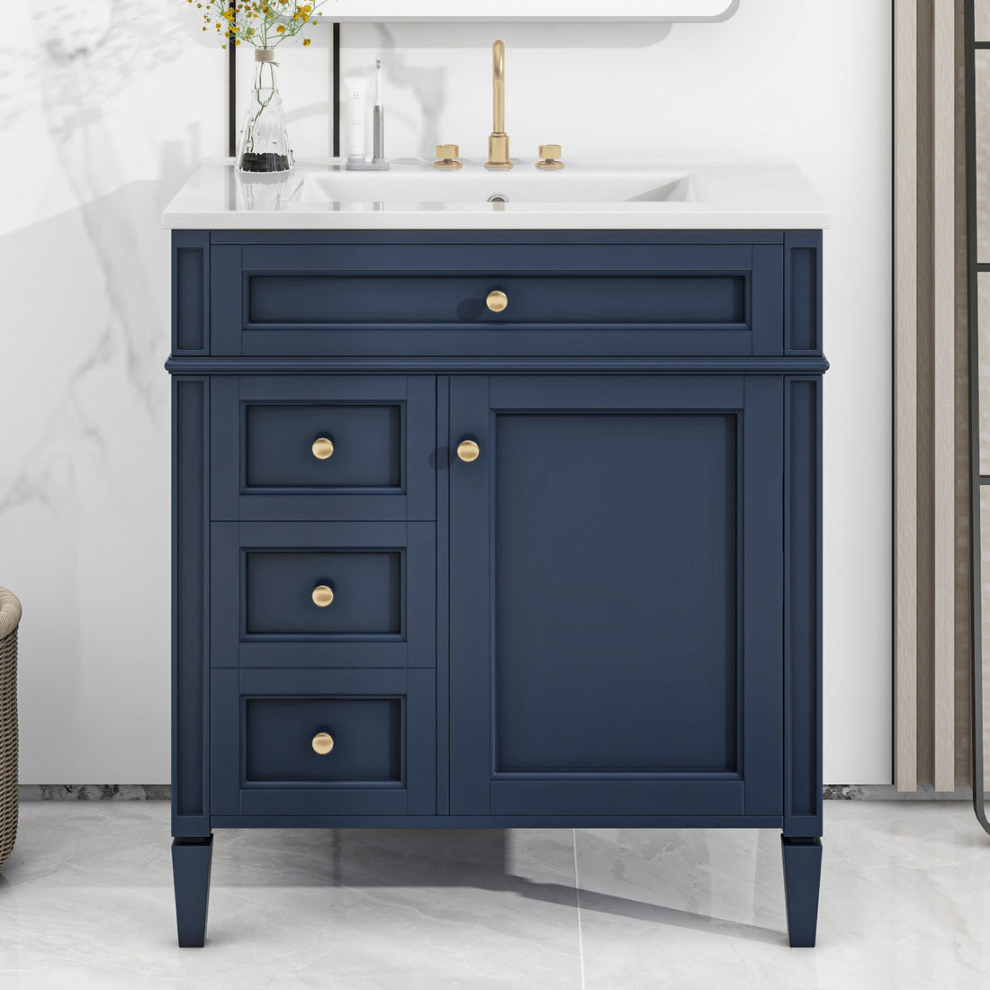 30'' Bathroom Vanity With Top Sink, Modern Bathroom Storage Cabinet With 2 Drawers And A Tip Out Drawer, Single Sink Bathroom Vanity Blue Modern Mdf Ceramic,Solid Wood Mdf