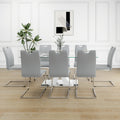 Modern Style Glass Dining Table, Elegant Transparent Design, Solid Support Base, Grey Dining Chair Set, Plated Chair Legs, Suitable For Restaurant Kitchen Use Set Of 9 Gray Pu Seats 8 Mdf Metal