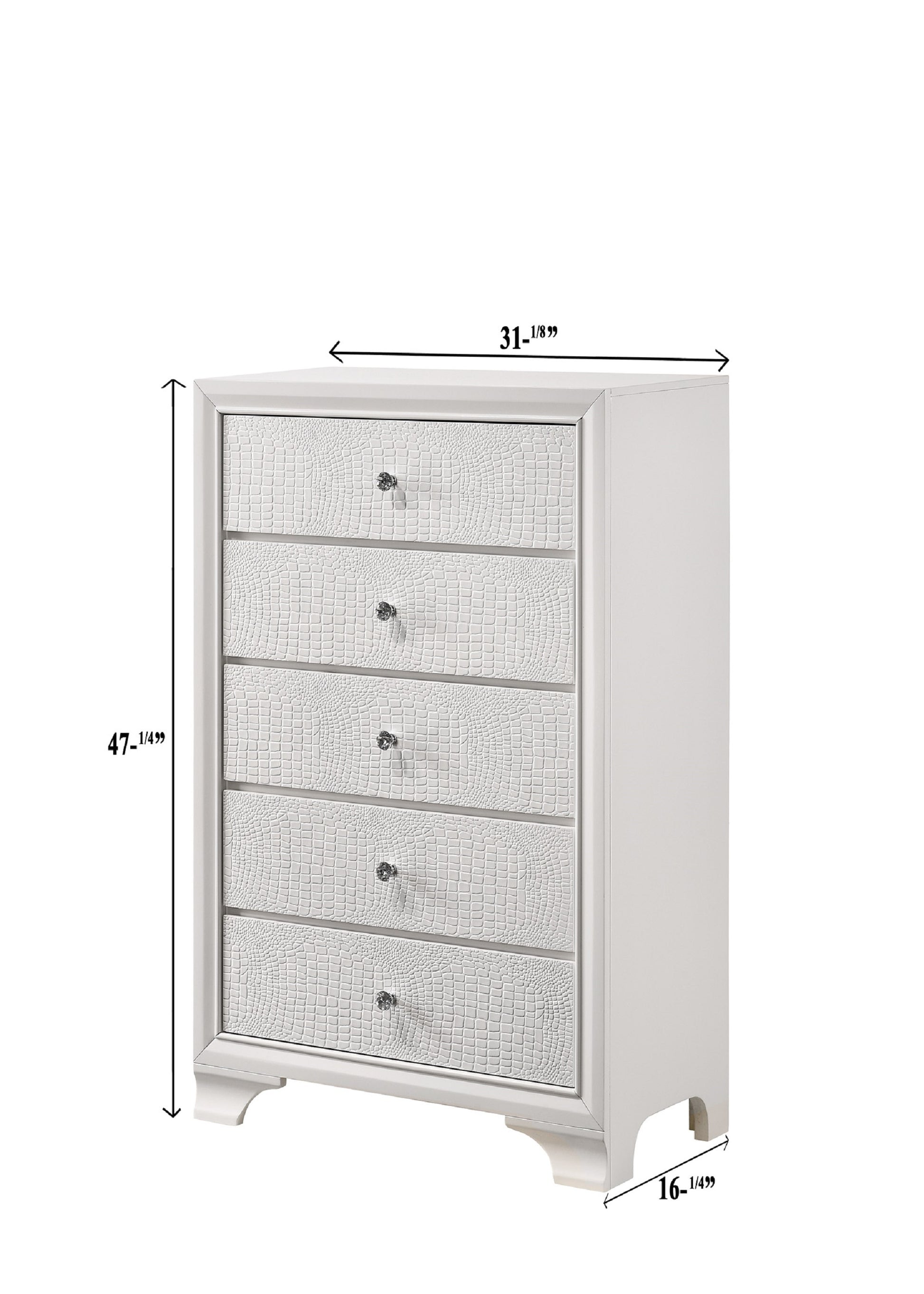 1Pc Modern Glam Style White Frost Finish Glam Five Drawer Chest Embossed Crocodile Pattern Wooden Bedroom Furniture White Bedroom Modern Solid Wood