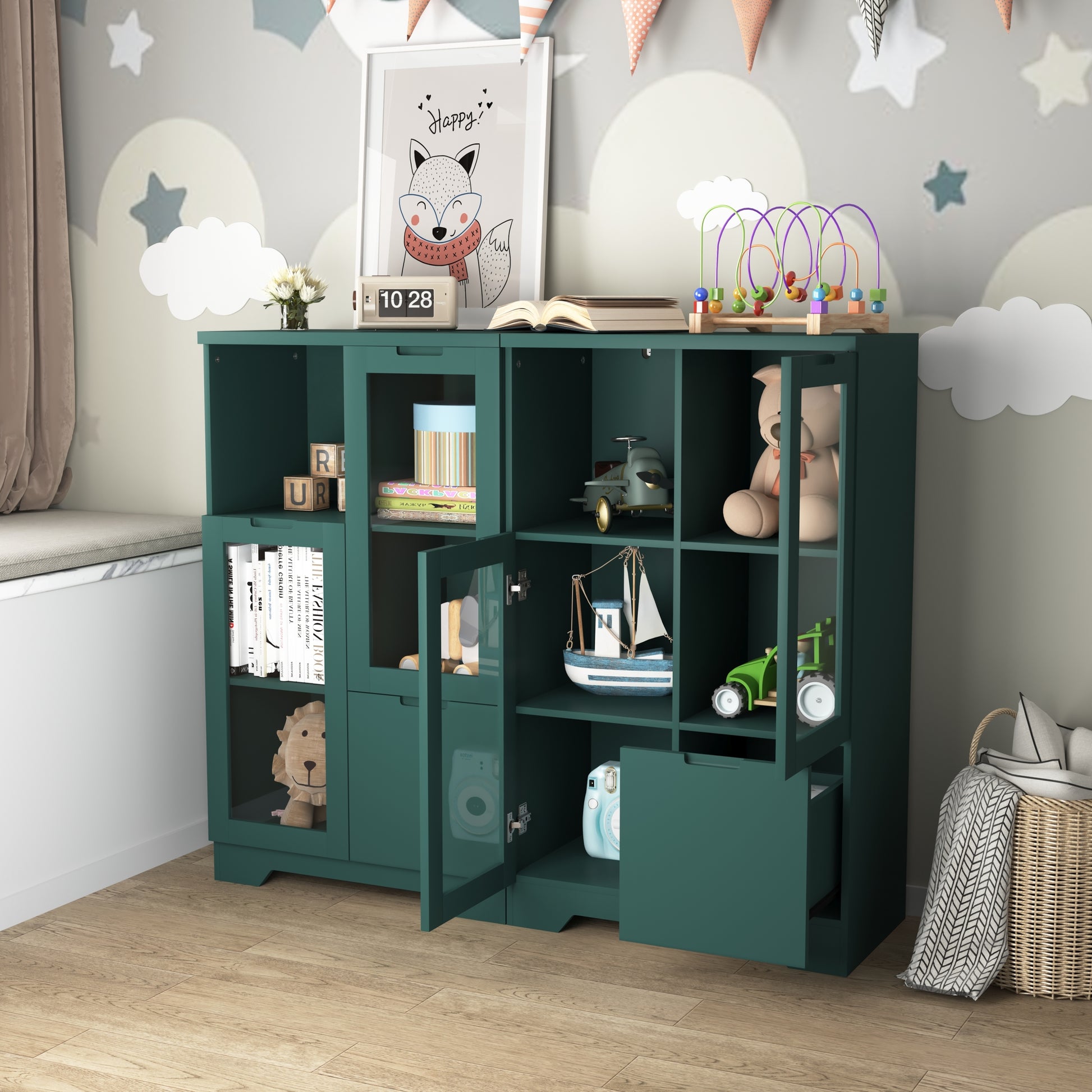 Wooden Floor Cabinet With 2 Glass Doors And 2 Storage Space,Blue Living Room Bathroom Entryway Green Green Mdf