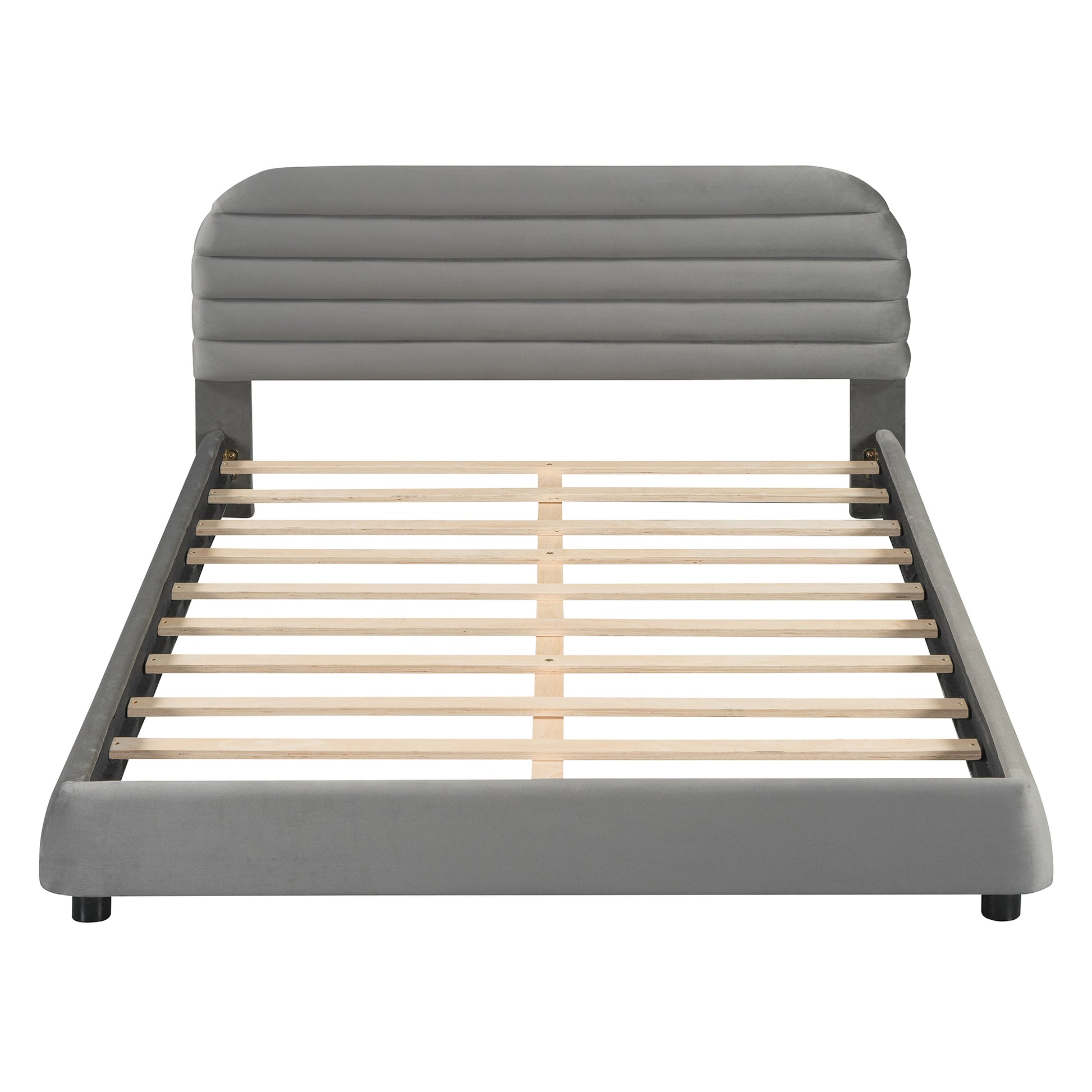 Queen Size Velvet Upholstered Platform Bed,Solid Frame And Stylish Curve Shaped Design, Gray Queen Gray Velvet