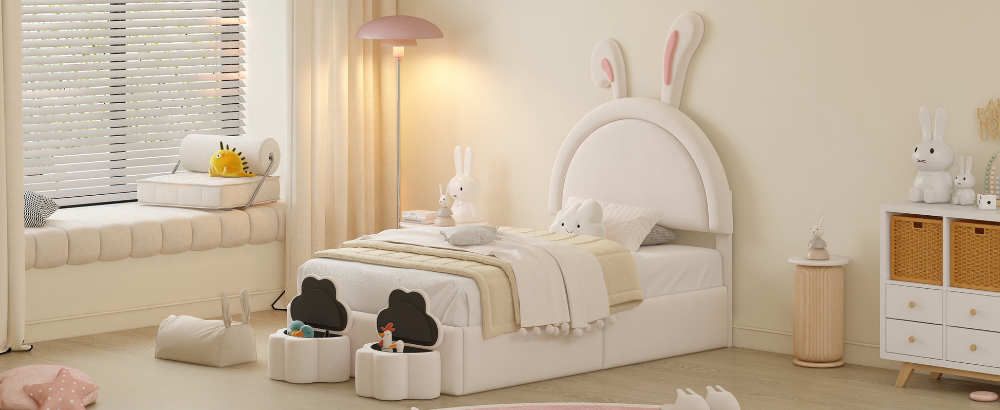 Twin Size Upholstered Rabbit Shape Bed With 2 Storage Stools, Velvet Platform Bed With Cartoon Ears Shaped Headboard, White Twin White Wood