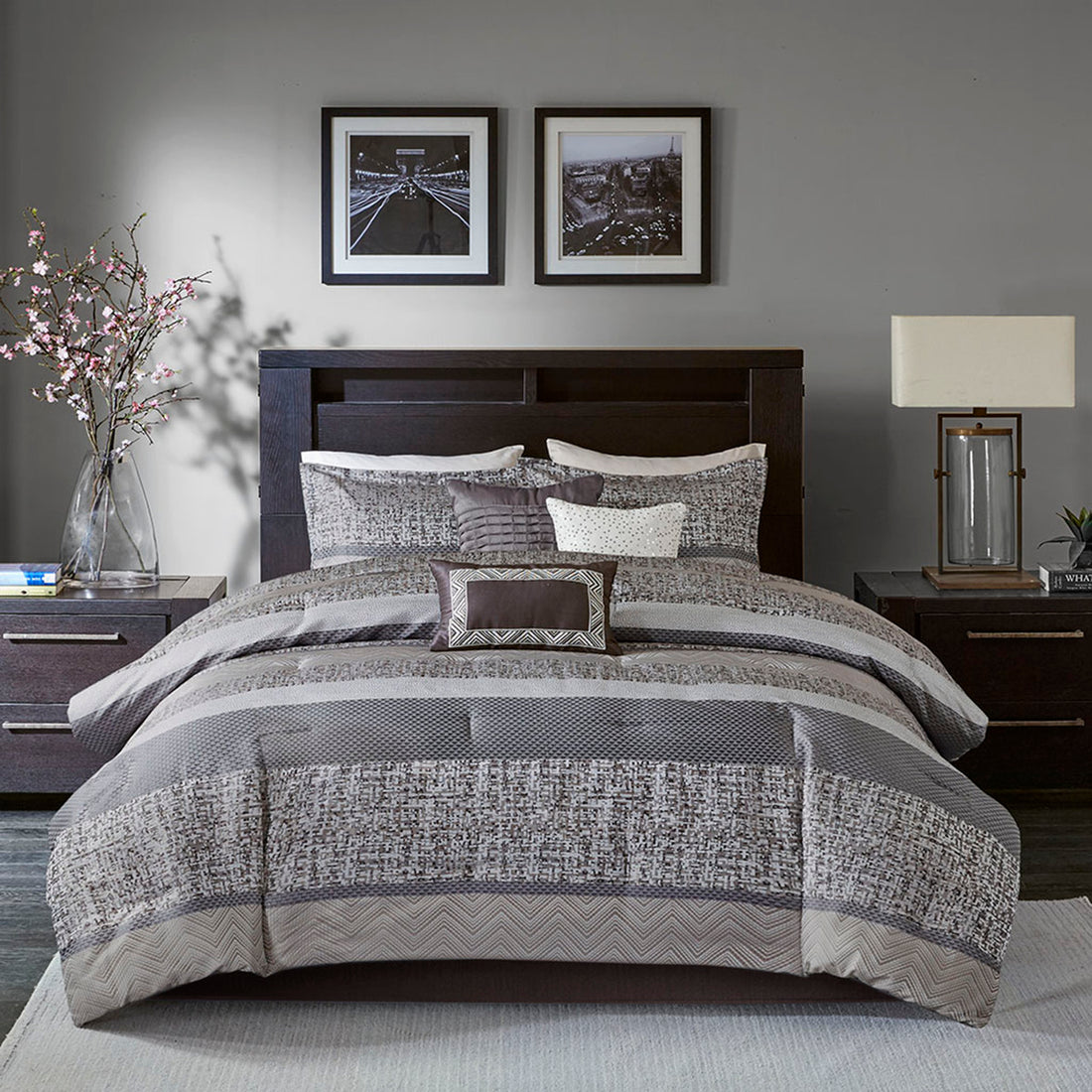 7 Piece Jacquard Comforter Set Grey Taupe Cal King California King Grey Taupe Polyester