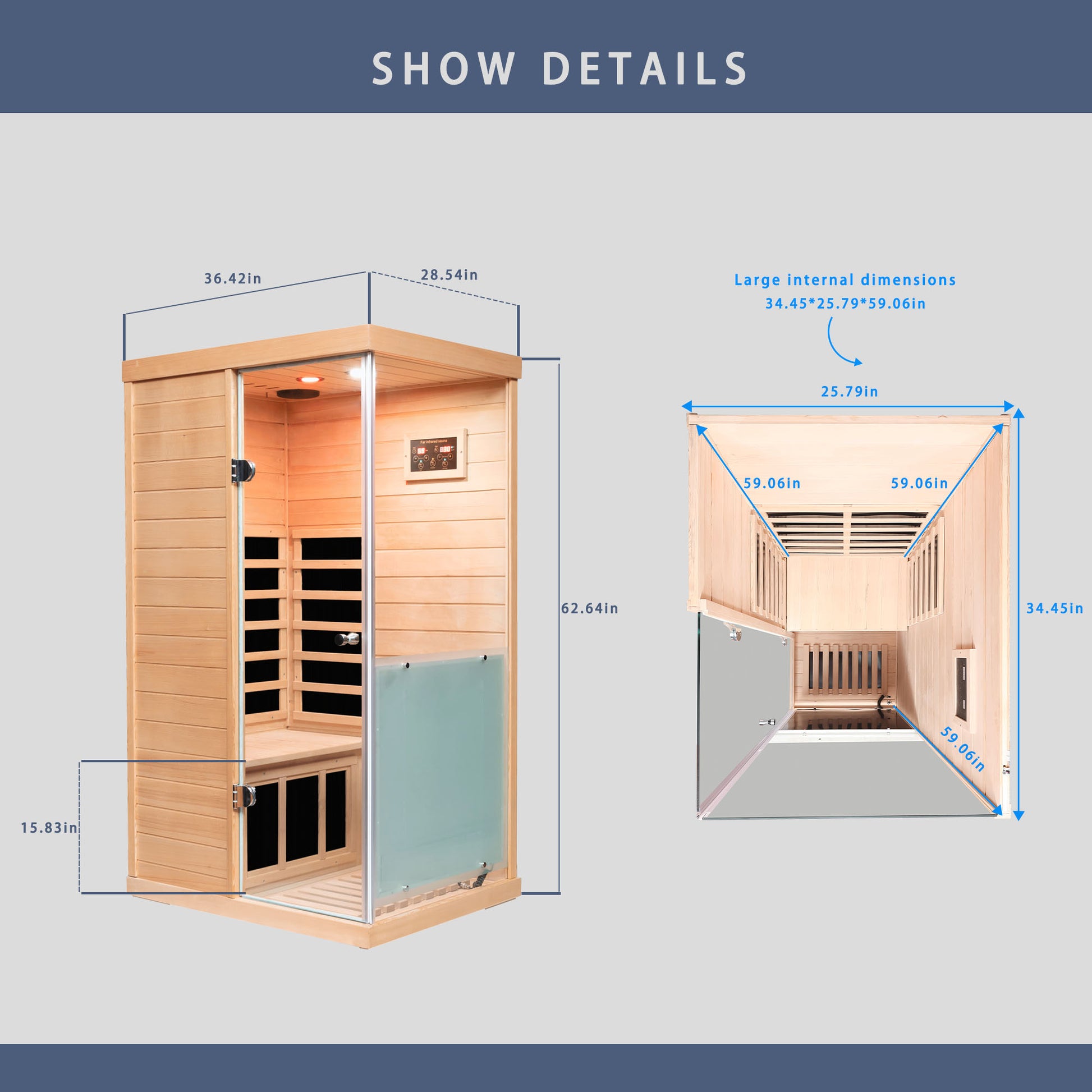 Large Glass Mini Hemlock Sauna With Right Door Opening Natural Wood Metal & Wood