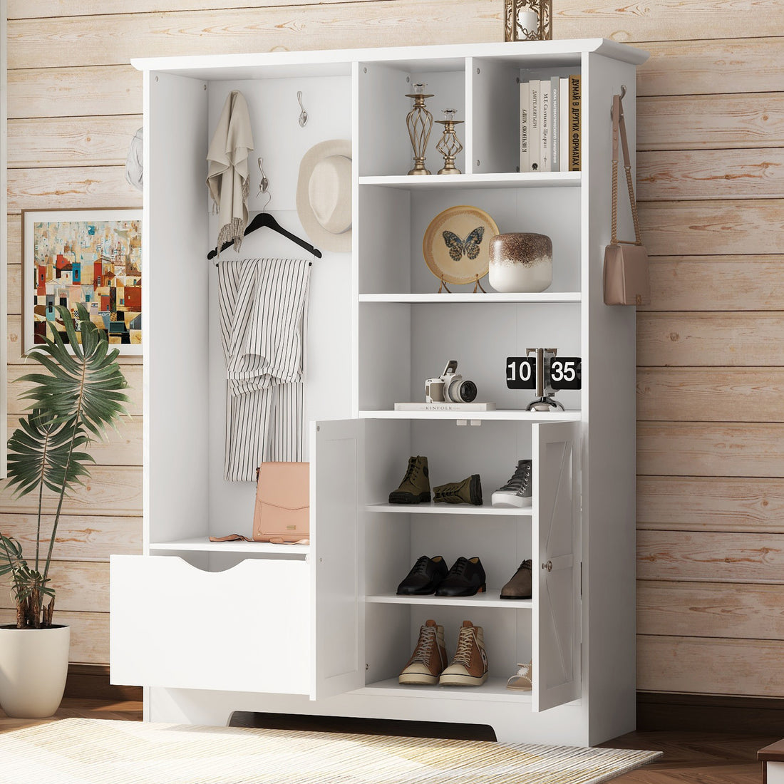 Multi Functional Hall Tree With Storage Shelves Drawers And Cabinet, Elegant Hallway Shoe Cabinet With Bench, Modern Coat Rack With Hooks For Hallway Entryways, White Soft White Particle Board Mdf