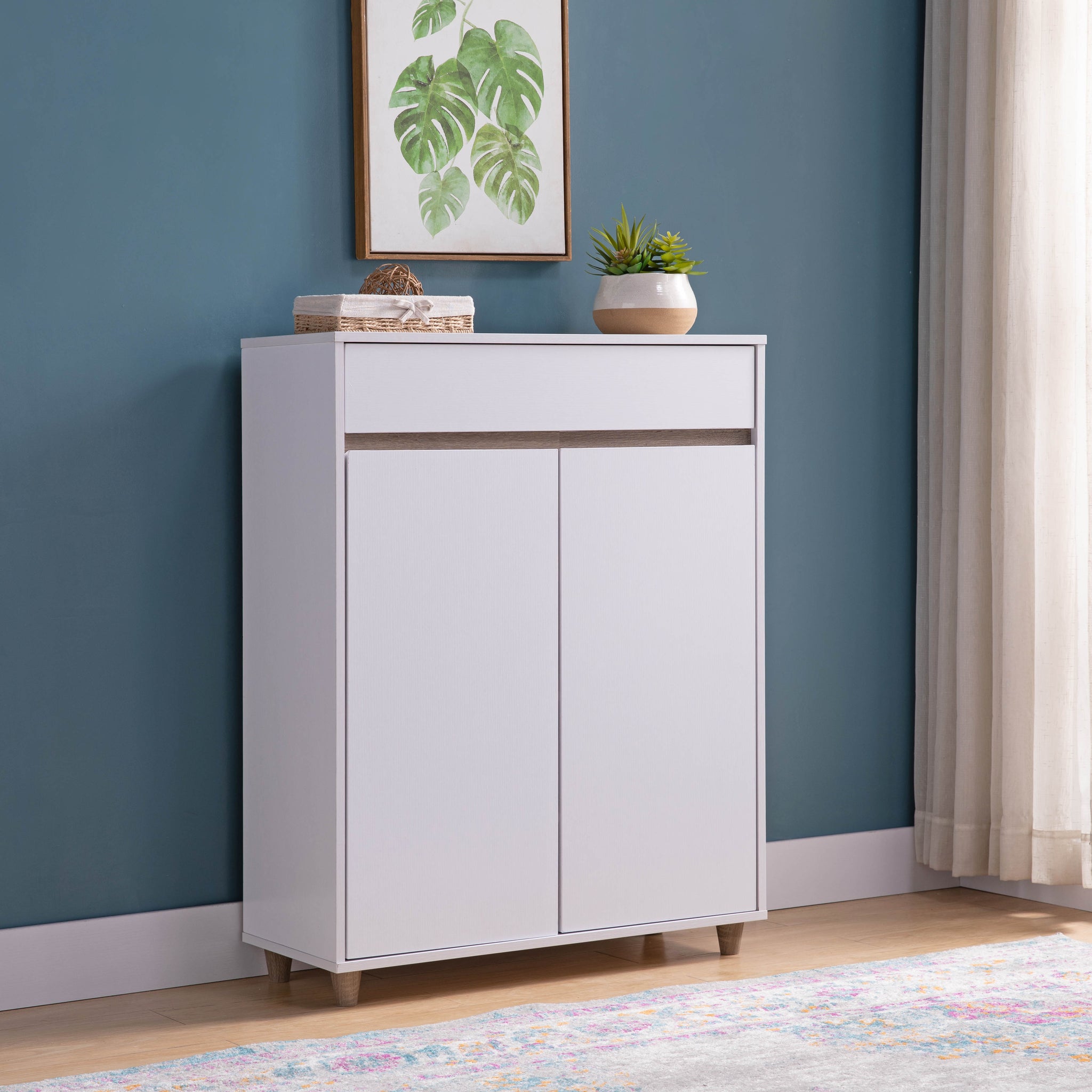 Shoe Cabinet With Metal Hinges In White & Dark Taupe White Deep Walnut Mdf