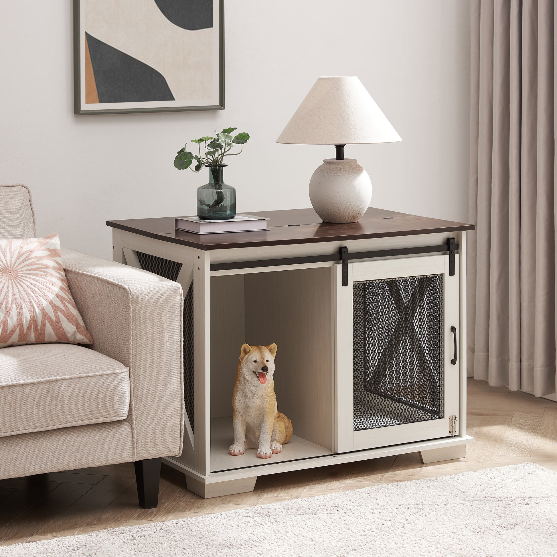 Farmhouse Dog Cage Crate Furniture With Sliding Barn Door, Farmhouse Wooden Dog Kennel End Table With Flip Top Plate Dog House With Detachable Divider For Small Medium Large Dog White White Mdf Metal