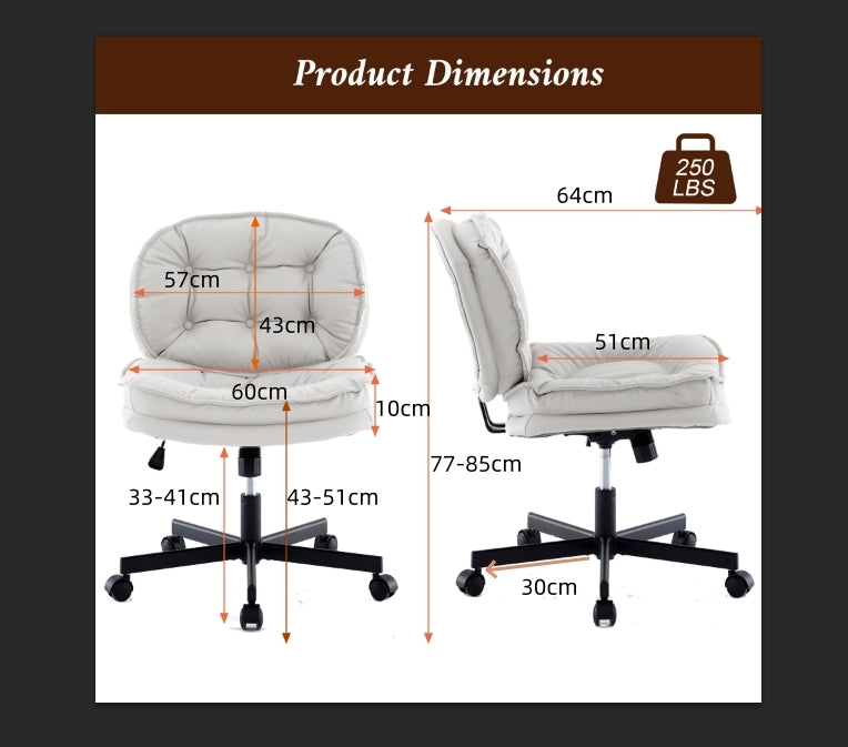 Armless Office Desk Chair With Wheels: Pu Leather Cross Legged Wide Chair,Comfortable Adjustable Swivel Computer Task Chairs For Home,Office,Make Up,Small Space,Bed Room Smoke Grey Antique Fiber Foam And Polyester Fiber Pad Pvc