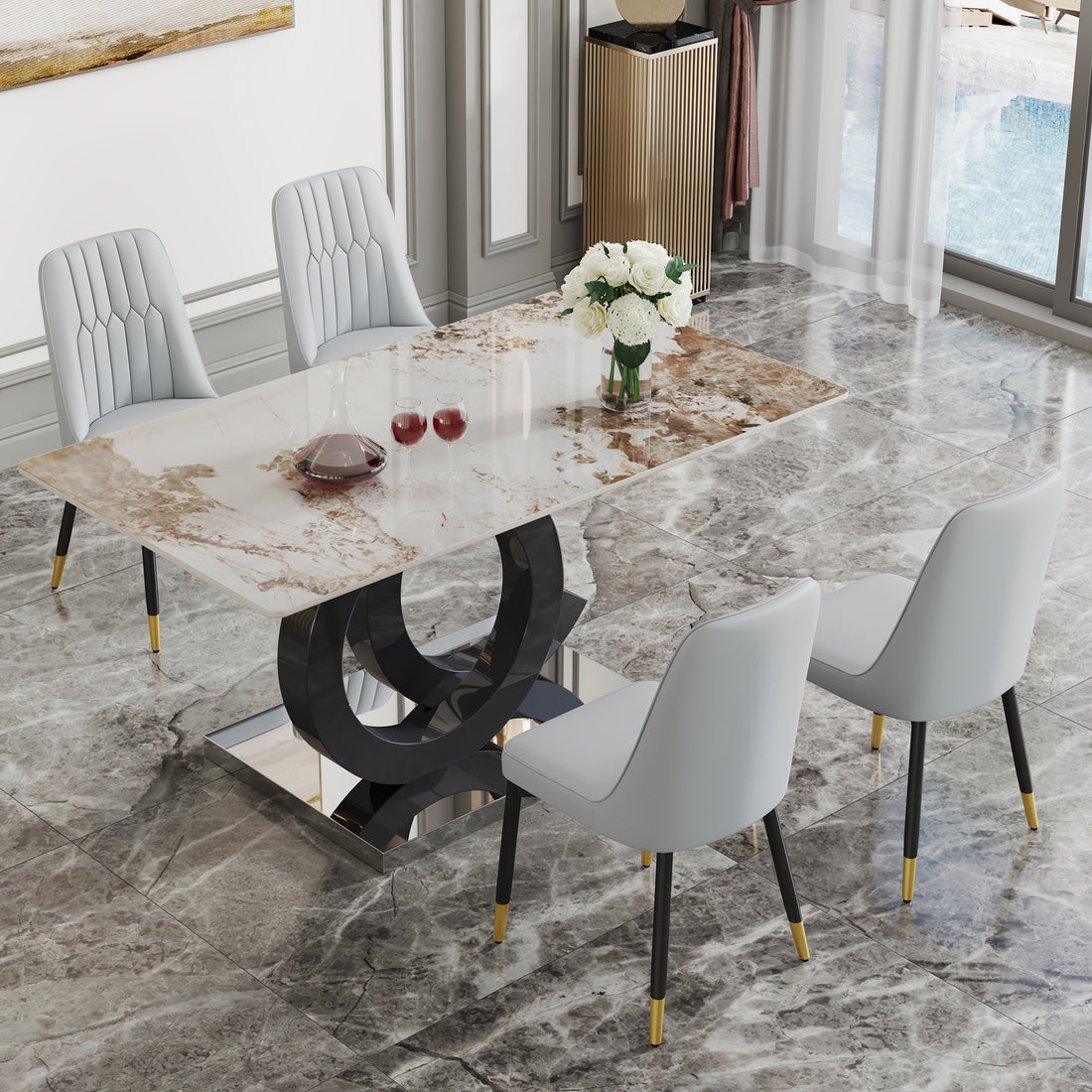 Table And Chair Set.63"X31.5" Marble Pattern Sintered Stone Table With Mdf Oc Shaped Bracket.Paired With 4 Light Gray Chairs With Pu Cushions And Black Metal Legs.Suitable For Kitchen,Dining