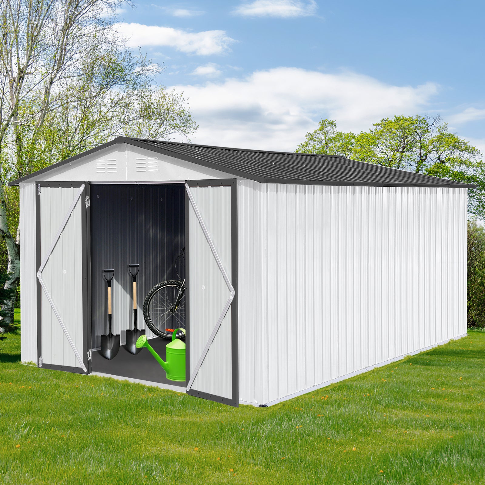 Metal Garden Sheds 10Ftx12Ft Outdoor White Grey White Gray Metal