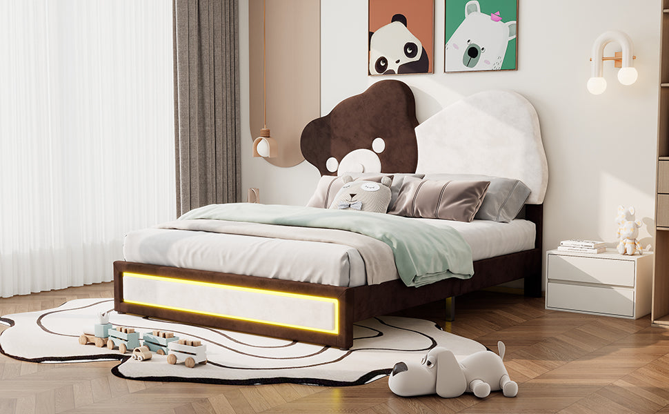 Full Size Upholstered Platform Bed With Bear Shaped Headboard, Led Light Strips, White Brown Box Spring Not Required Full Brown White Wood Bedroom Bed Frame Upholstered