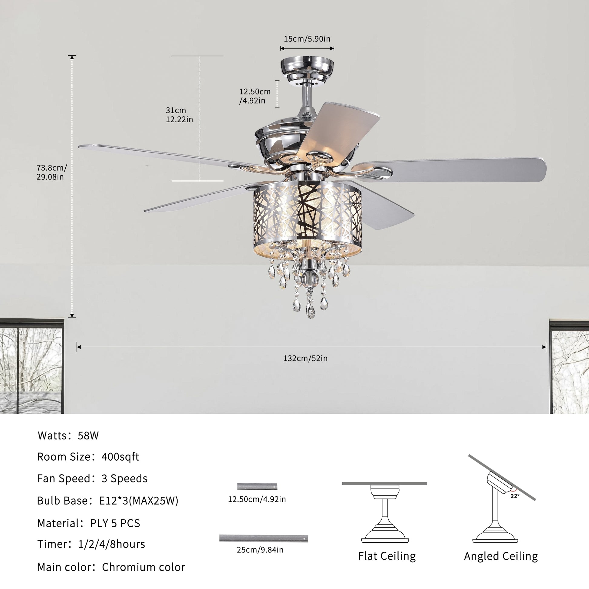 Elegant Metal 52 Inch Ceiling Fan Optional Remote&2 Color Option Blades Or Bedroom, Living Room, Dining Room Chrome Chrome American Design,American Traditional,Antique,Farmhouse,Industrial Plywood Metal