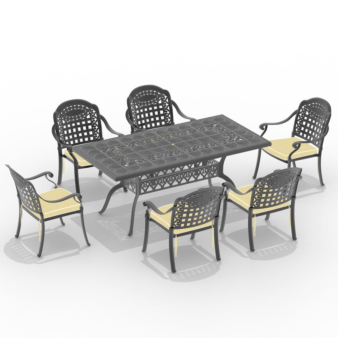 Cushions In Random Colors 7 Piece Set Of Cast Aluminum Patio Furniture With Cushions Yes Dining Set Black Seats 6 Rust Resistant Frame Water Resistant Cushion Garden & Outdoor Complete Patio Sets Aluminium